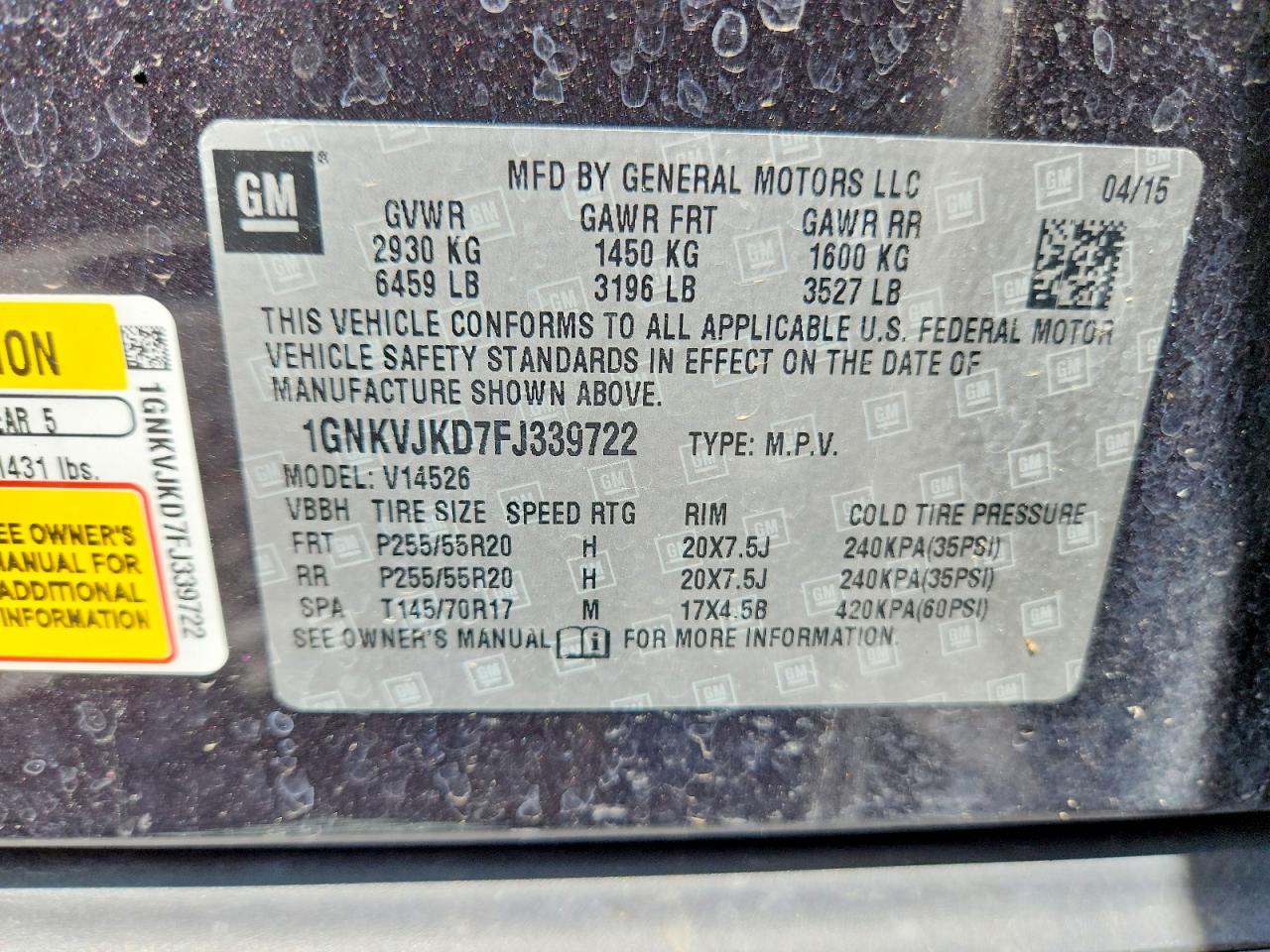 2015 Chevrolet Traverse Ltz Charcoal vin: 1GNKVJKD7FJ339722