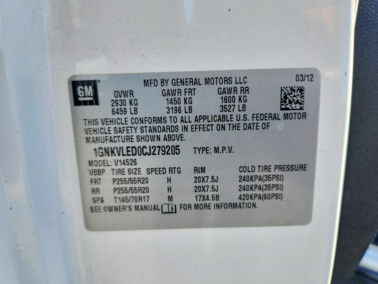 2012 Chevrolet Traverse Ltz White vin: 1GNKVLED0CJ279205