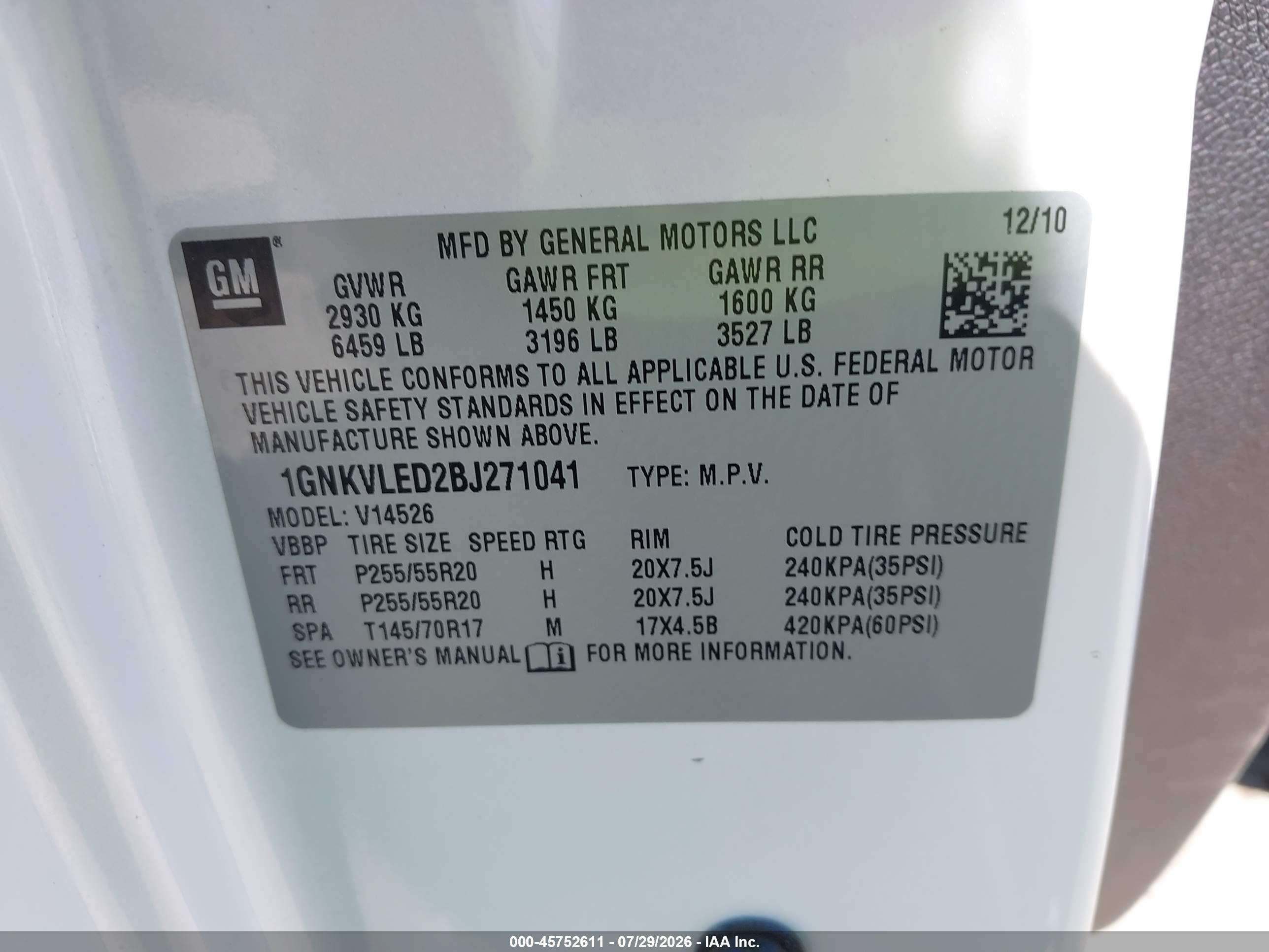 2011 Chevrolet Traverse Ltz White vin: 1GNKVLED2BJ271041