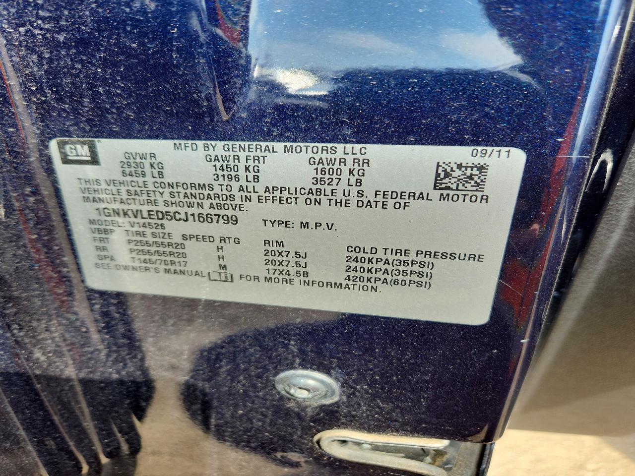 2012 Chevrolet Traverse Ltz Blue vin: 1GNKVLED5CJ166799