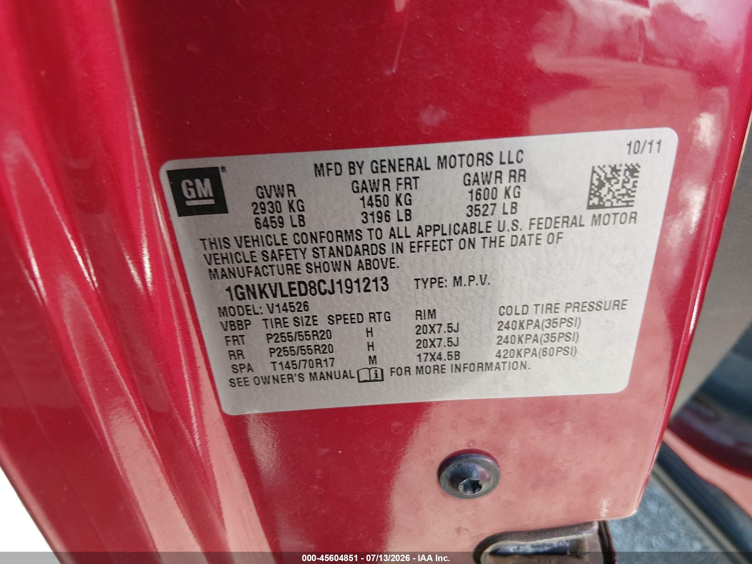 2012 Chevrolet Traverse Ltz Red vin: 1GNKVLED8CJ191213