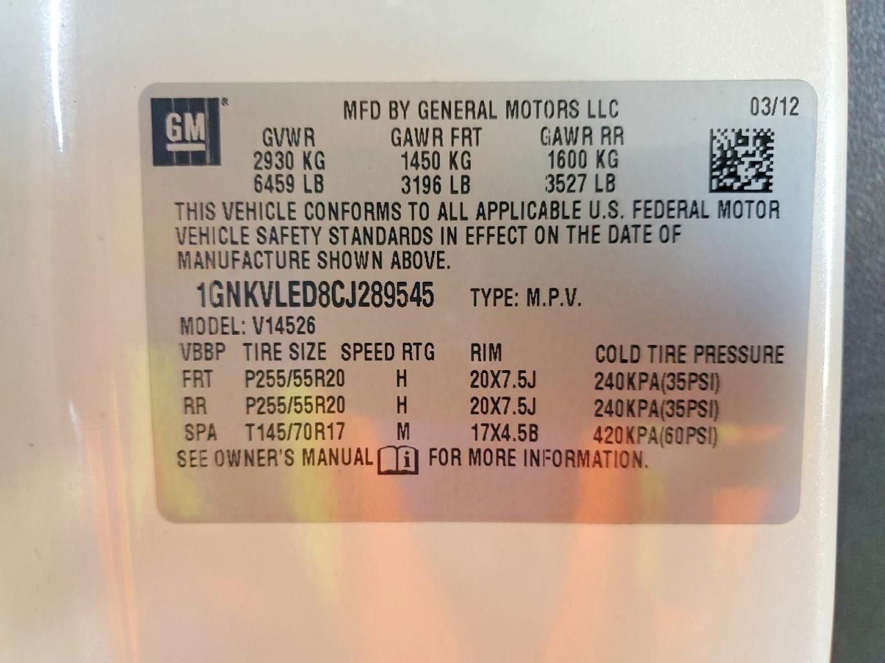 2012 Chevrolet Traverse Ltz Cream vin: 1GNKVLED8CJ289545