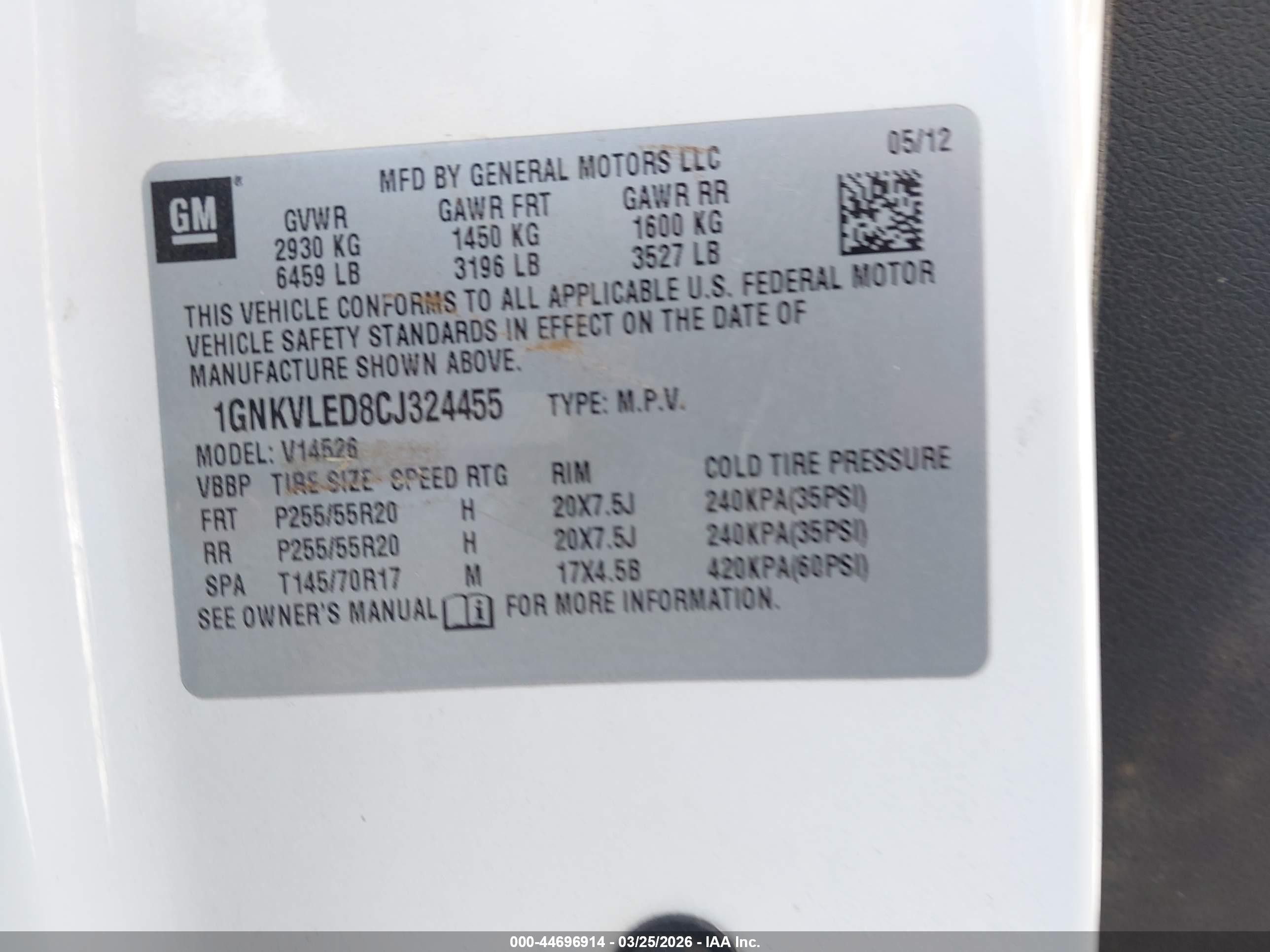 2012 Chevrolet Traverse Ltz Белый vin: 1GNKVLED8CJ324455