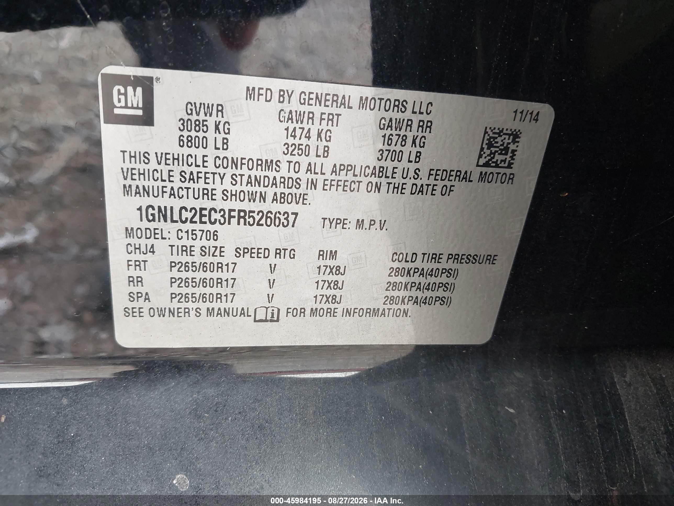 2015 Chevrolet Tahoe Commercial Black vin: 1GNLC2EC3FR526637