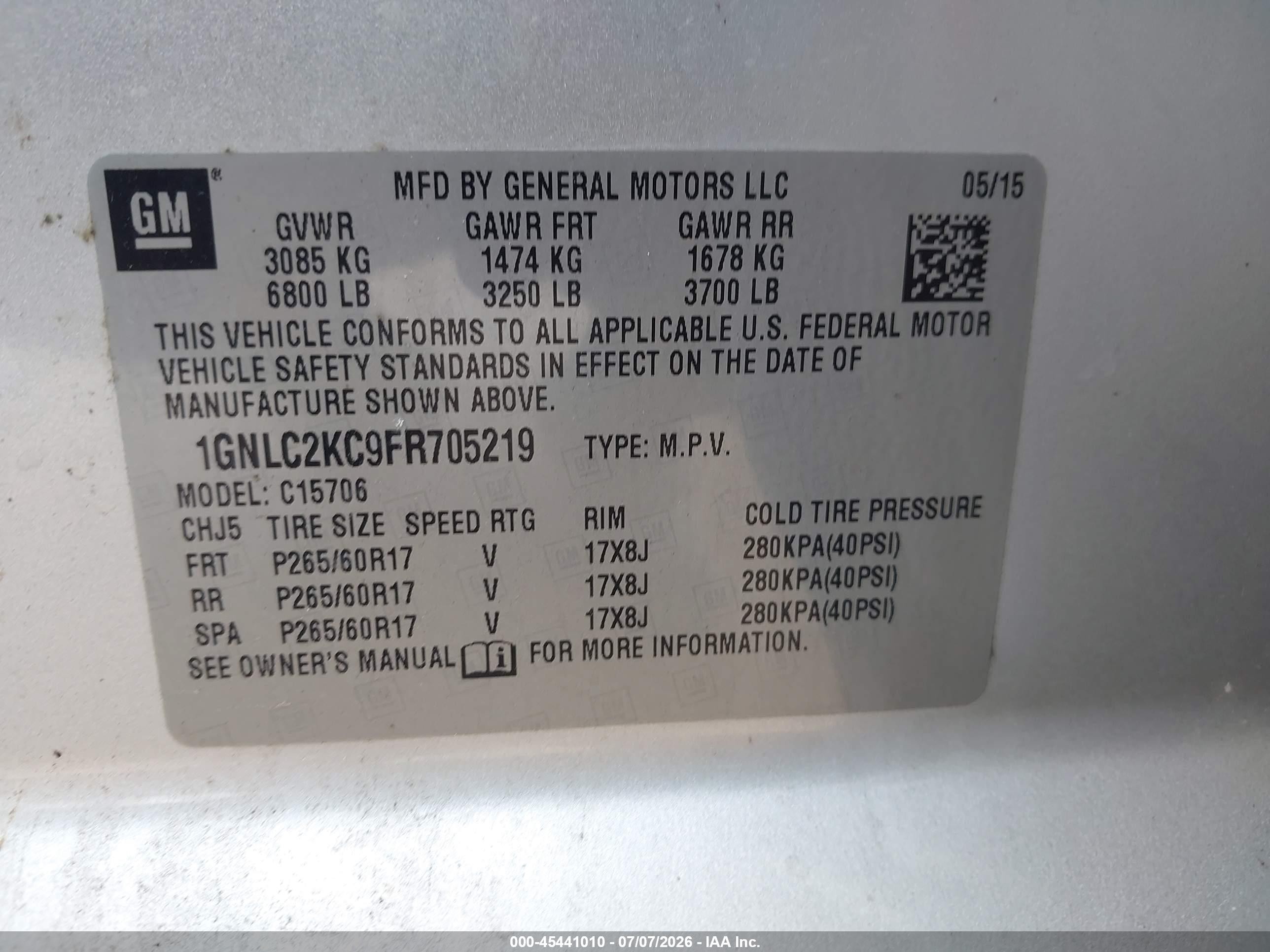 2015 Chevrolet Tahoe Commercial Fleet Silver vin: 1GNLC2KC9FR705219