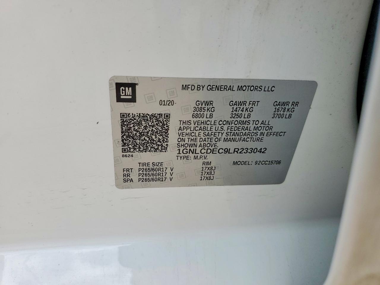 2020 Chevrolet K1500 Taho White vin: 1GNLCDEC9LR233042