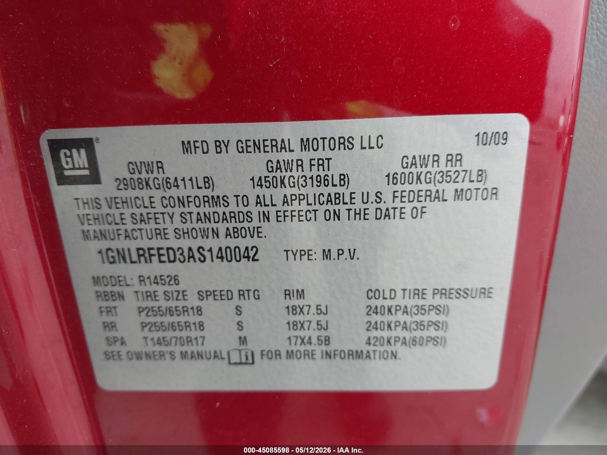 2010 Chevrolet Traverse Lt Burgundy vin: 1GNLRFED3AS140042