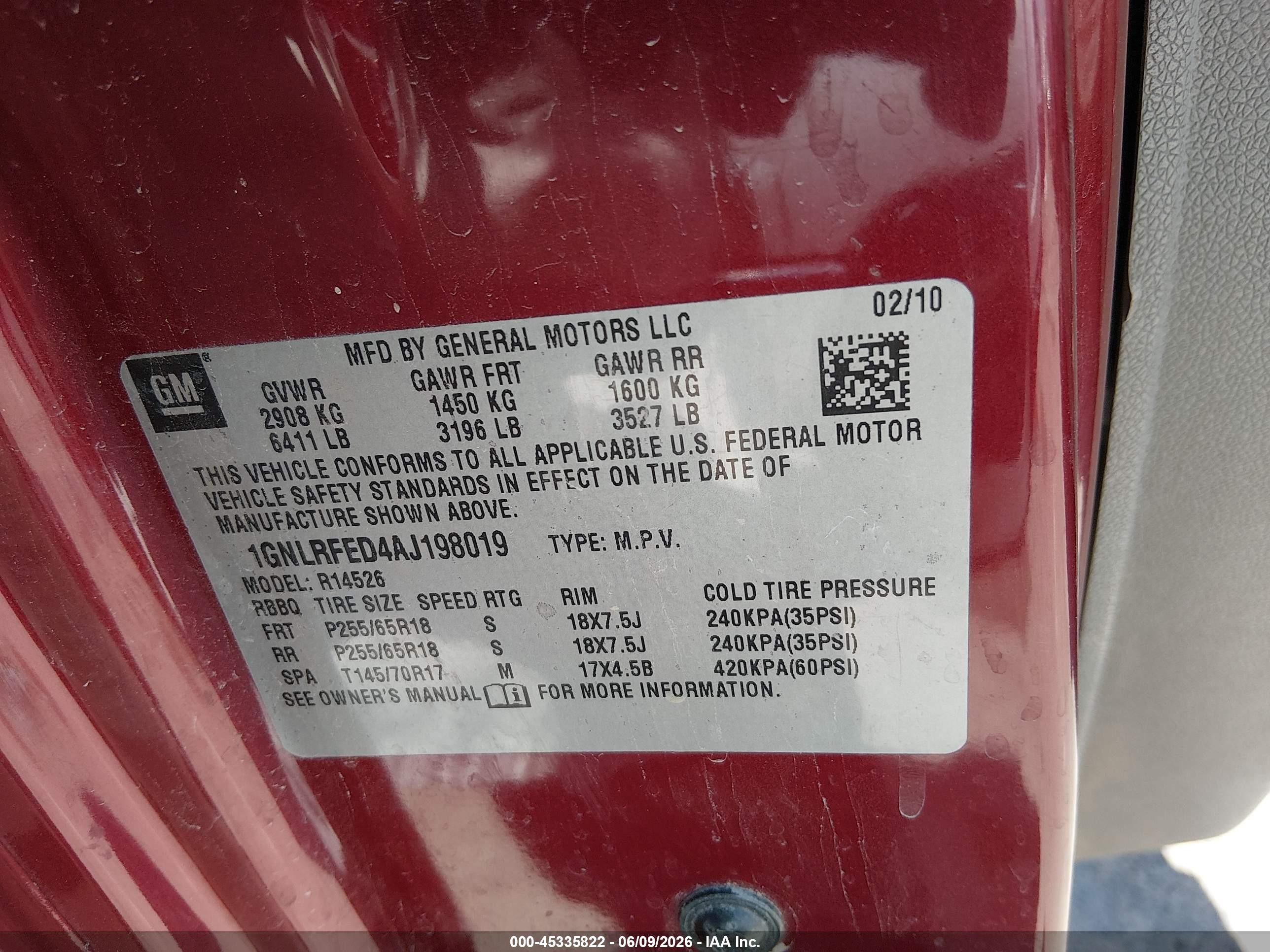 2010 Chevrolet Traverse Lt Maroon vin: 1GNLRFED4AJ198019