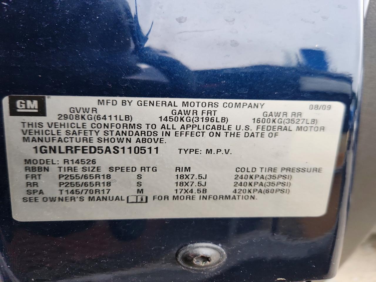2010 Chevrolet Traverse Blue vin: 1GNLRFED5AS110511