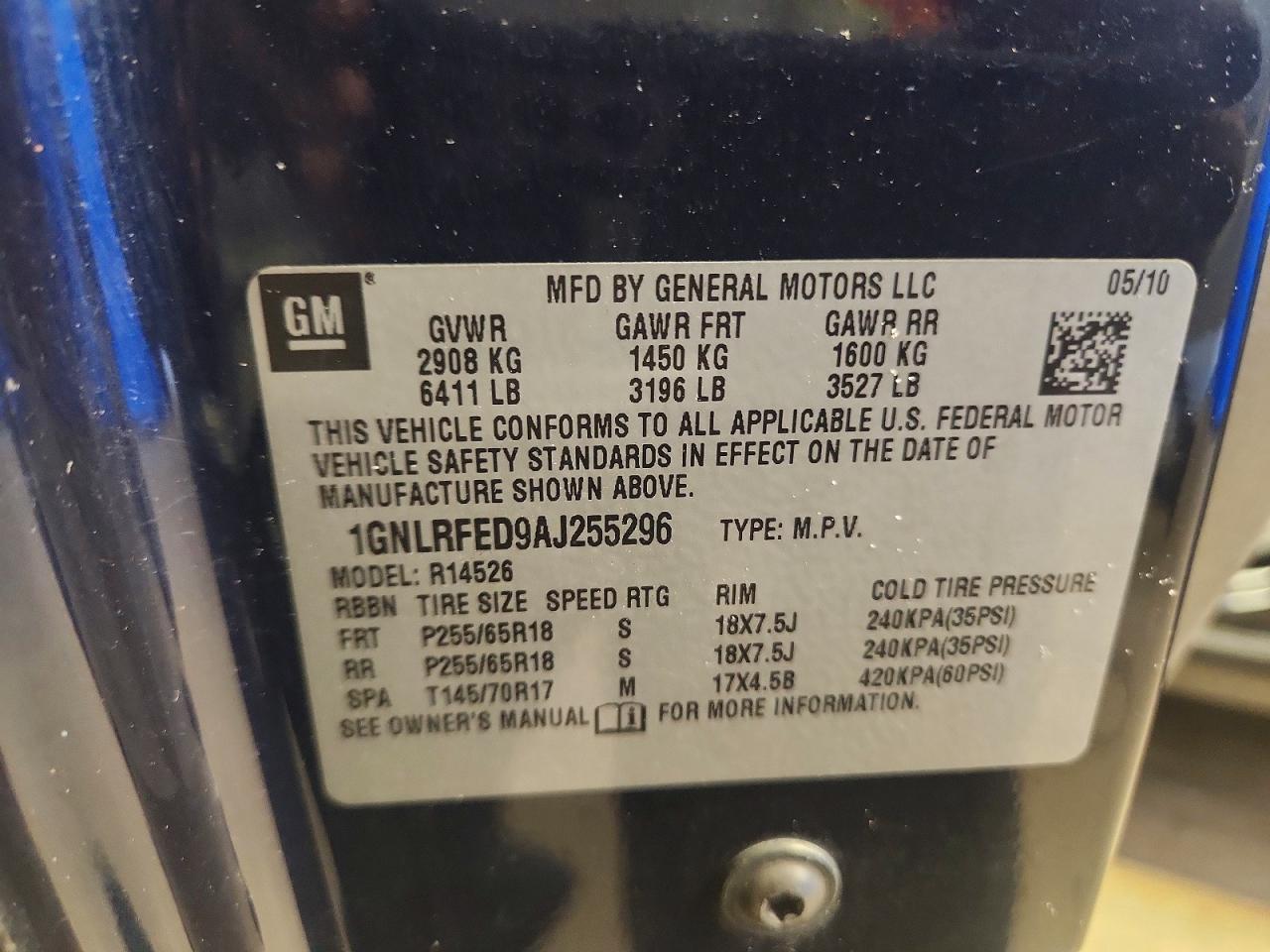 2010 Chevrolet Traverse Lt Blue vin: 1GNLRFED9AJ255296