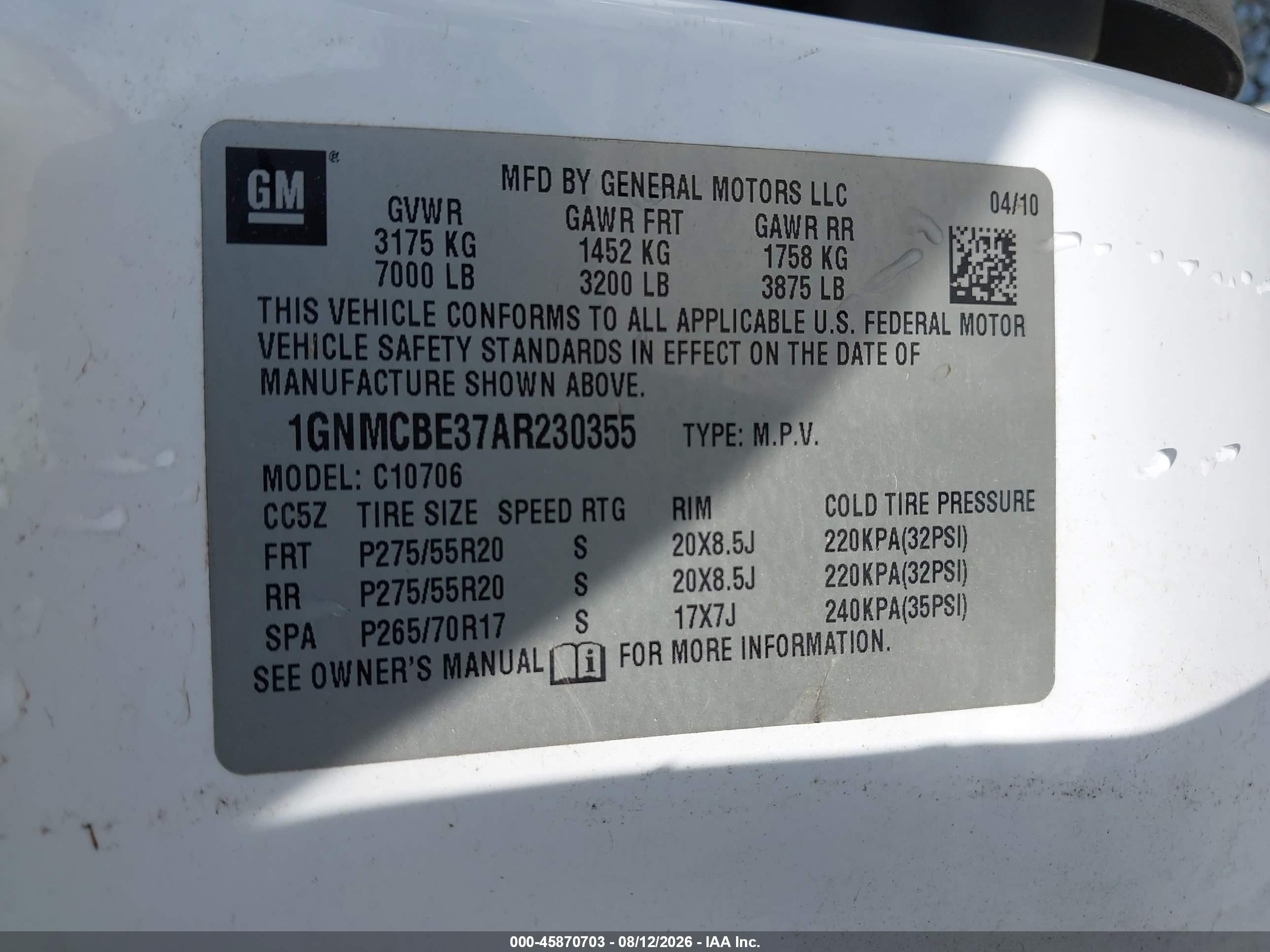 2010 Chevrolet Tahoe Lt Белый vin: 1GNMCBE37AR230355