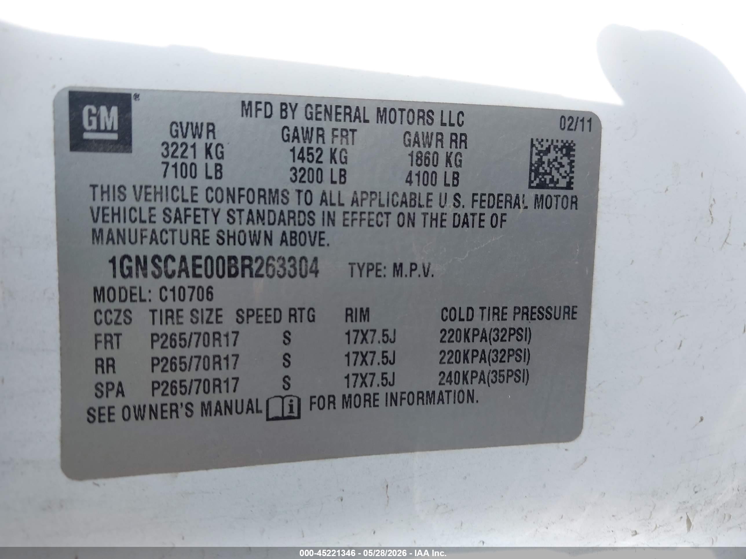 2011 Chevrolet Tahoe Ls White vin: 1GNSCAE00BR263304