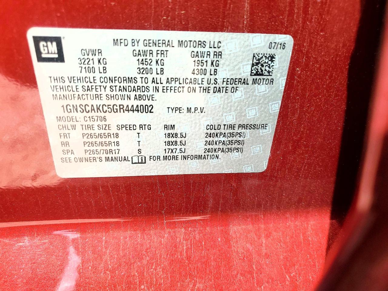 2016 Chevrolet Tahoe C1500 Ls Красный vin: 1GNSCAKC5GR444002