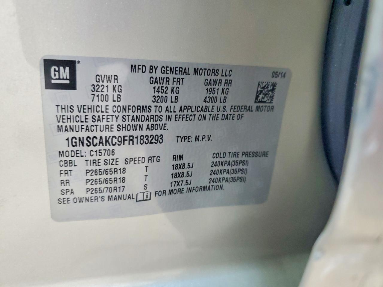 2015 Chevrolet Tahoe C1500 Ls Cream vin: 1GNSCAKC9FR183293