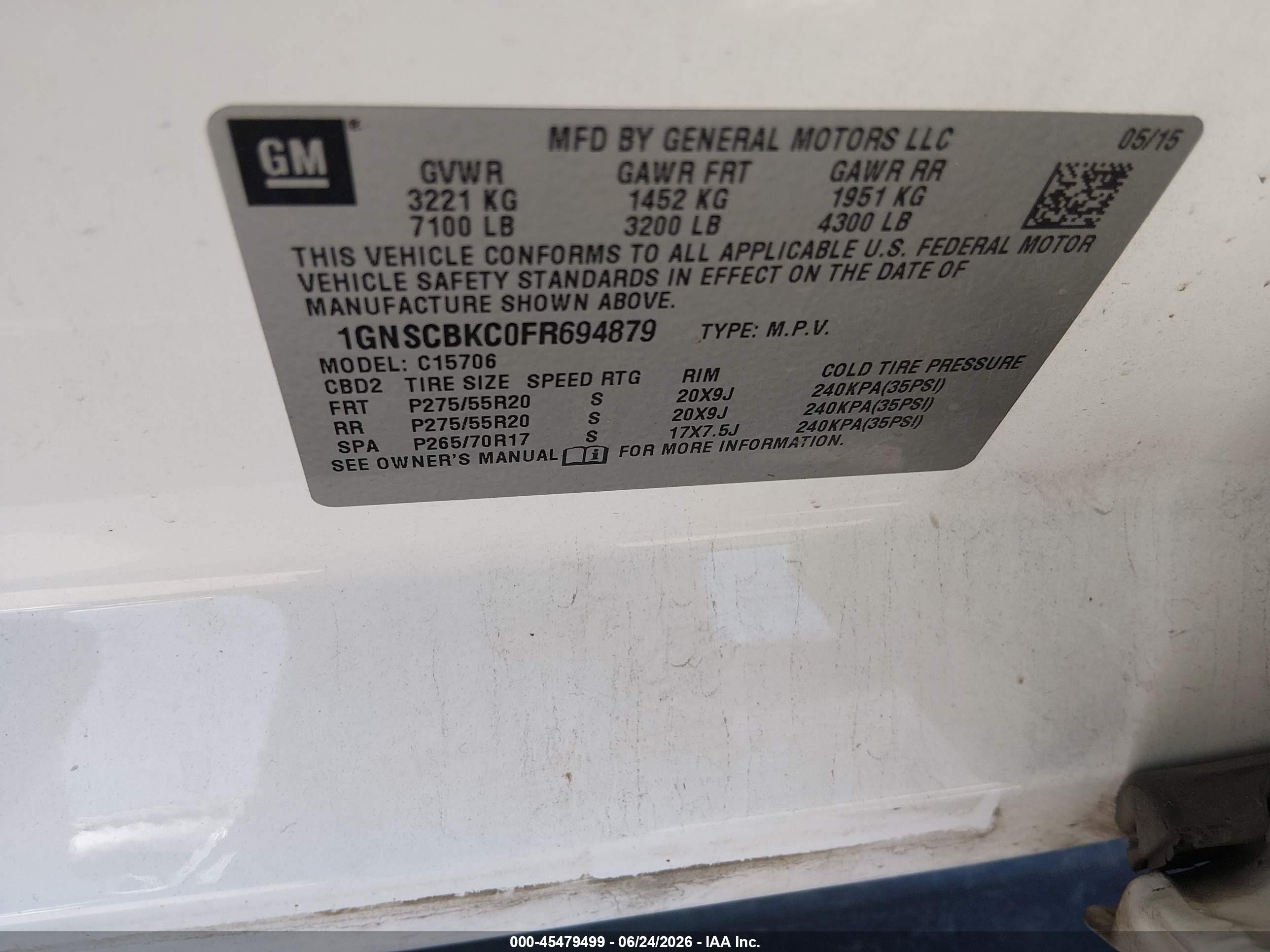 2015 Chevrolet Tahoe Lt Белый vin: 1GNSCBKC0FR694879