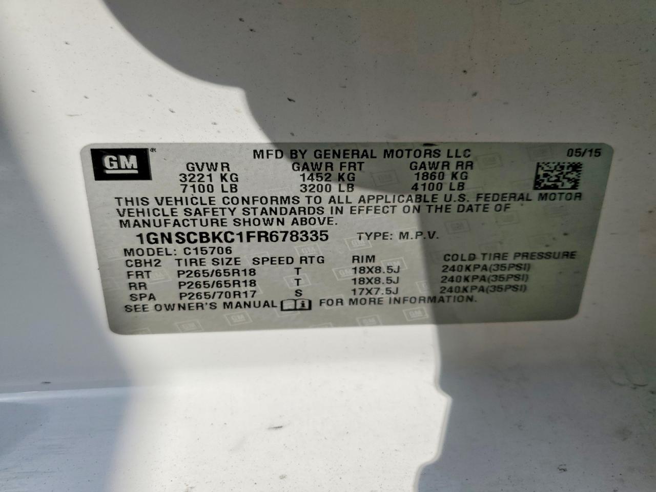 2015 Chevrolet Tahoe White vin: 1GNSCBKC1FR678335
