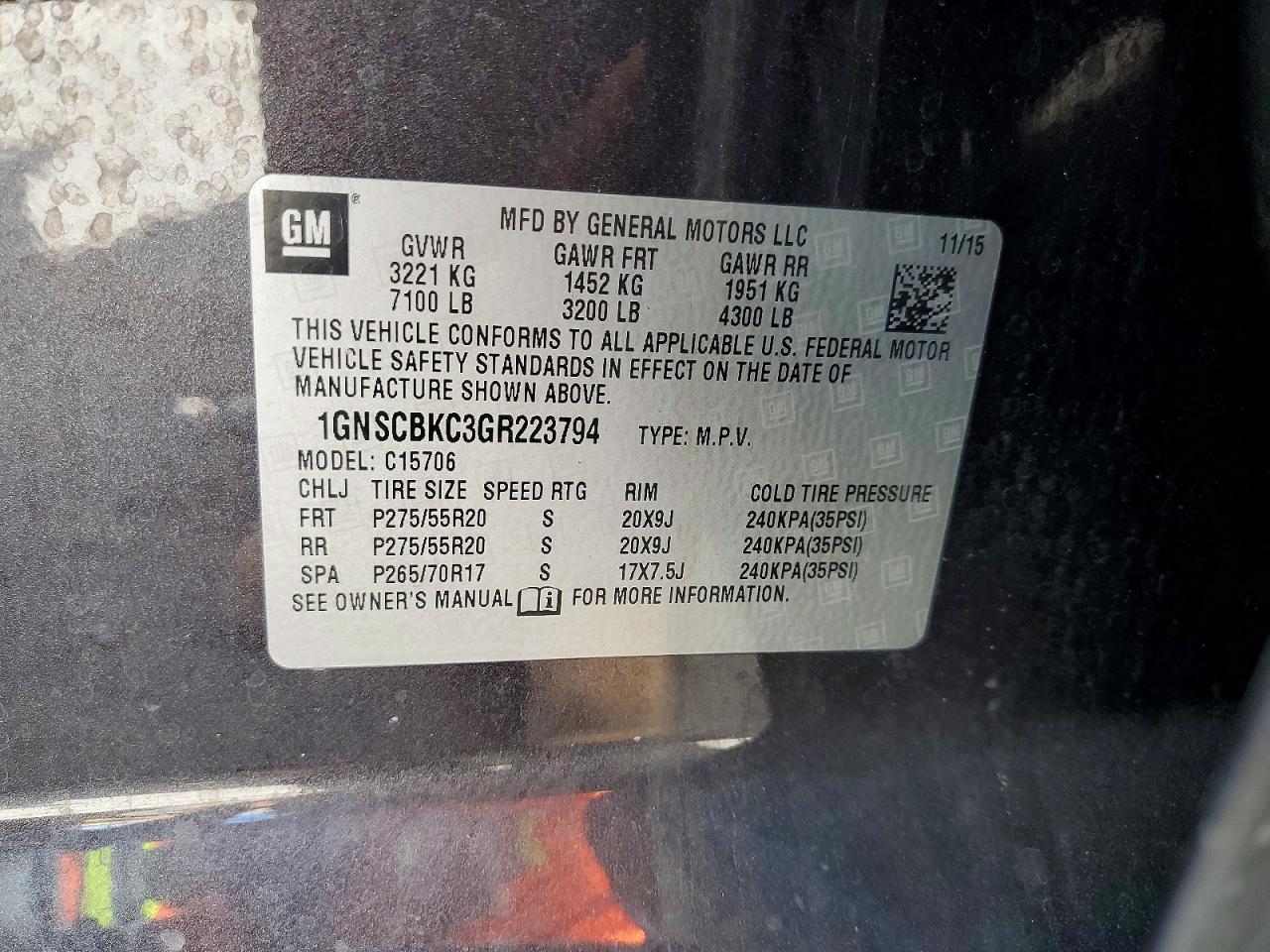 2016 Chevrolet Tahoe C1500 Lt Угольный vin: 1GNSCBKC3GR223794