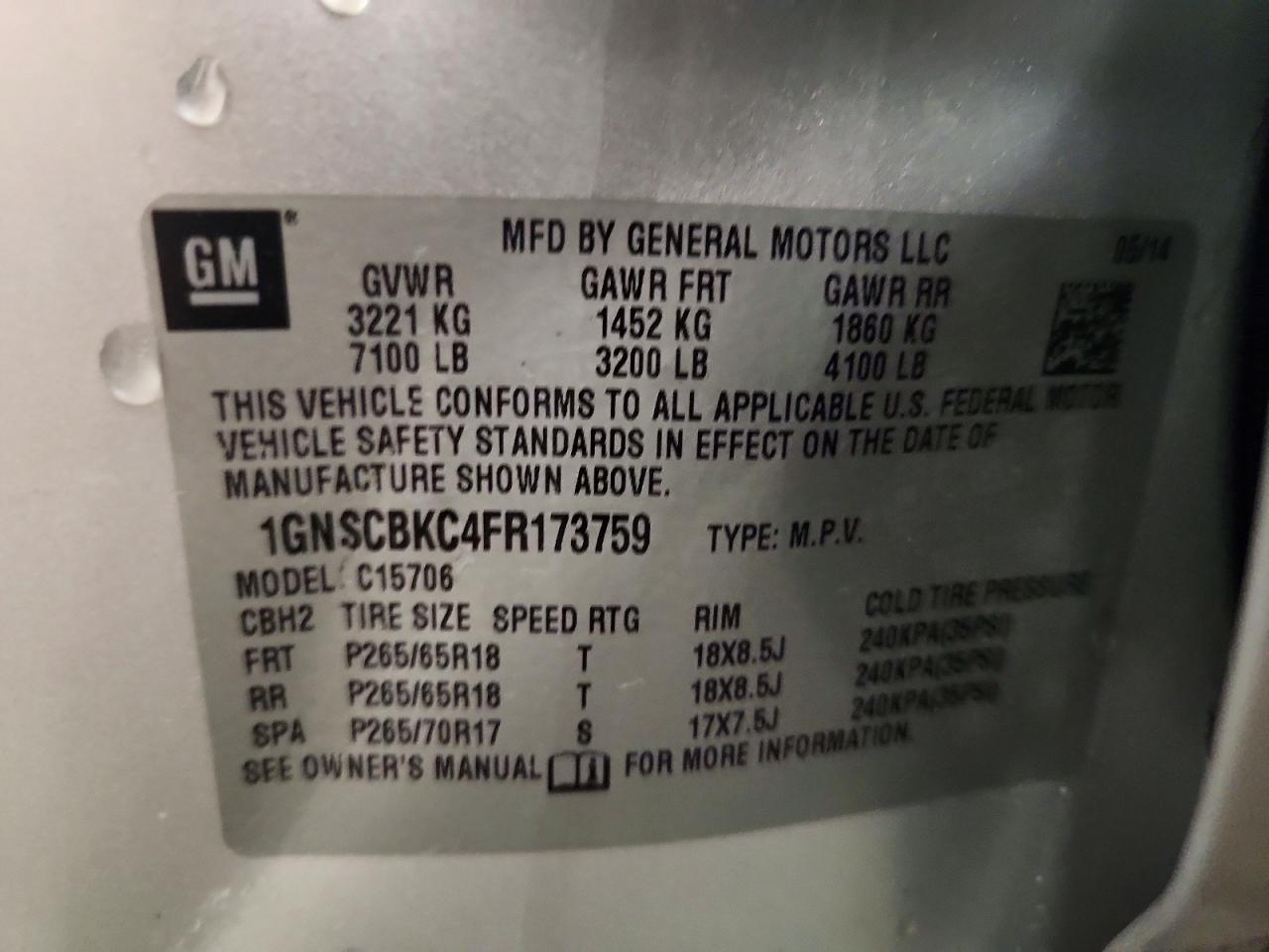 2015 Chevrolet Tahoe C1500 Lt Silver vin: 1GNSCBKC4FR173759