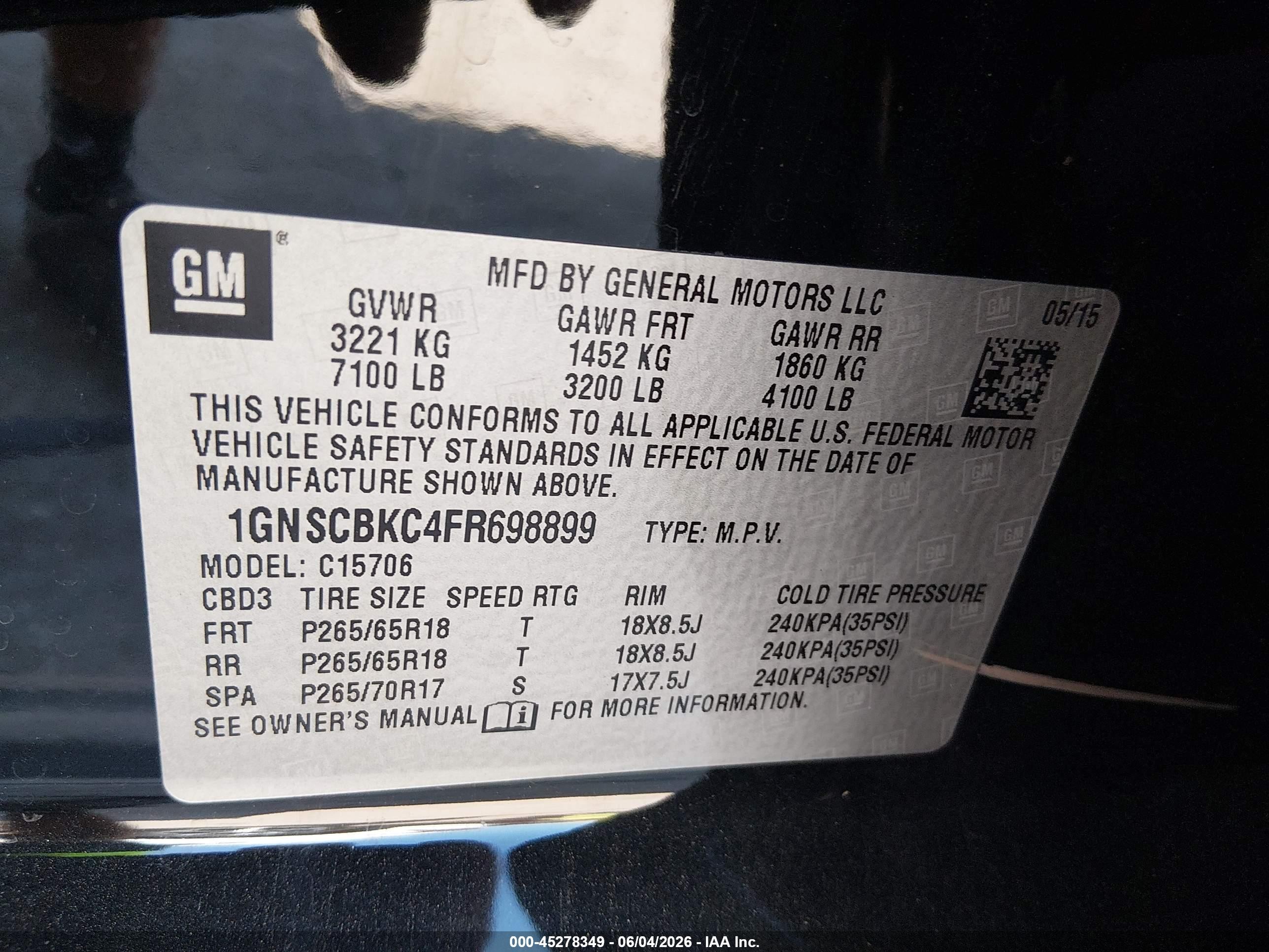 2015 Chevrolet Tahoe Lt Black vin: 1GNSCBKC4FR698899