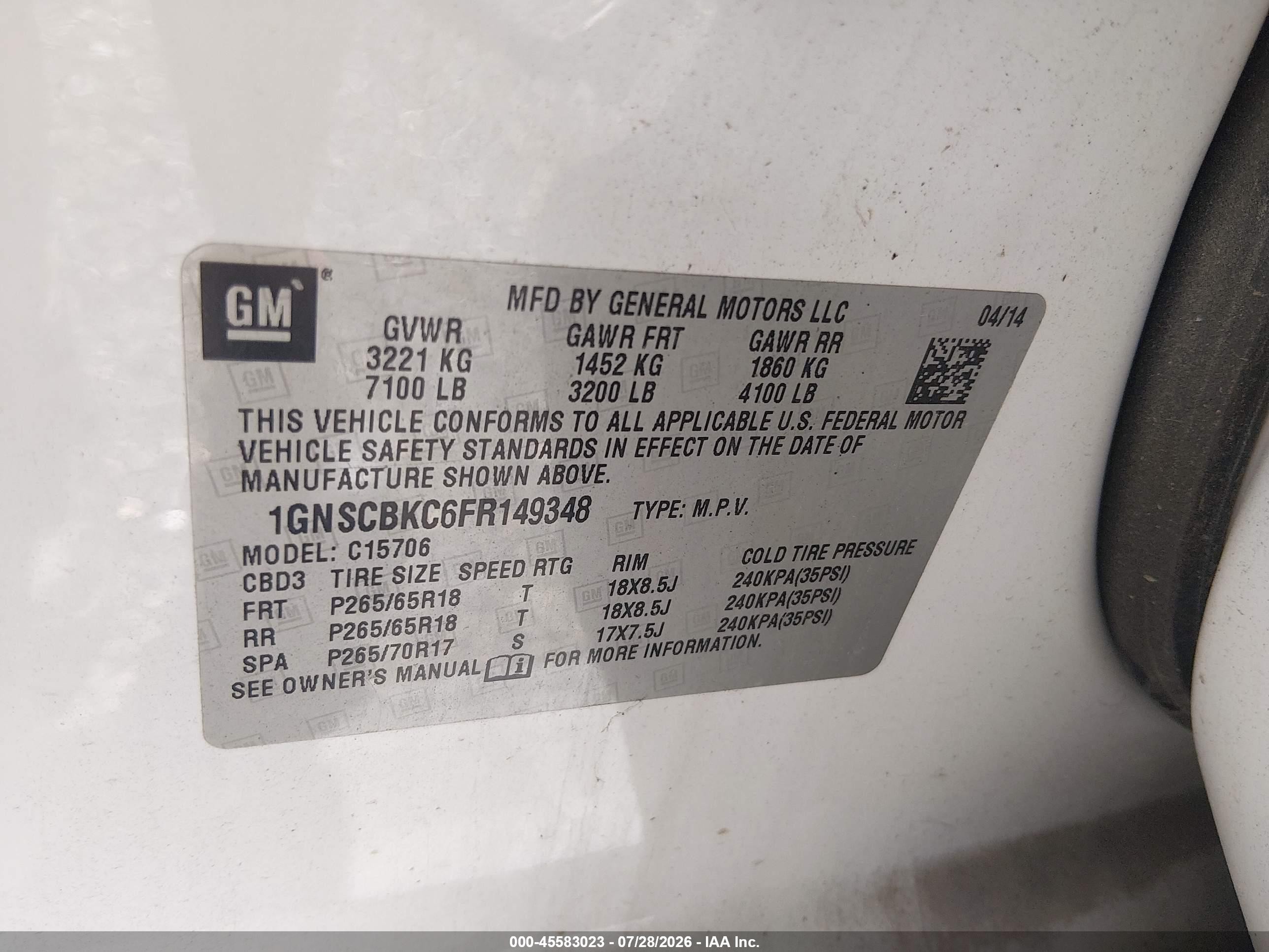 2015 Chevrolet Tahoe Lt White vin: 1GNSCBKC6FR149348