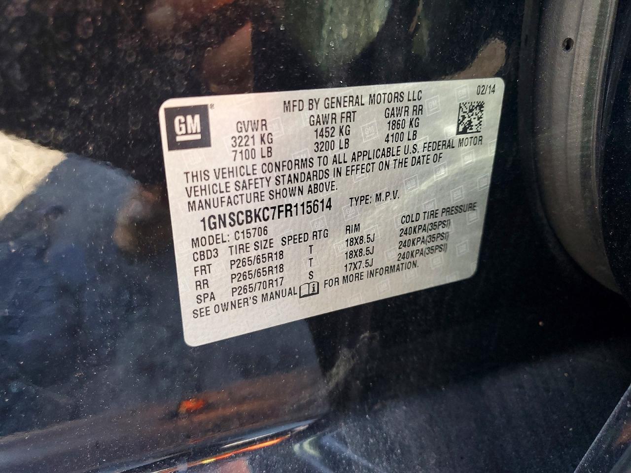 2015 Chevrolet Tahoe C1500 Lt Черный vin: 1GNSCBKC7FR115614