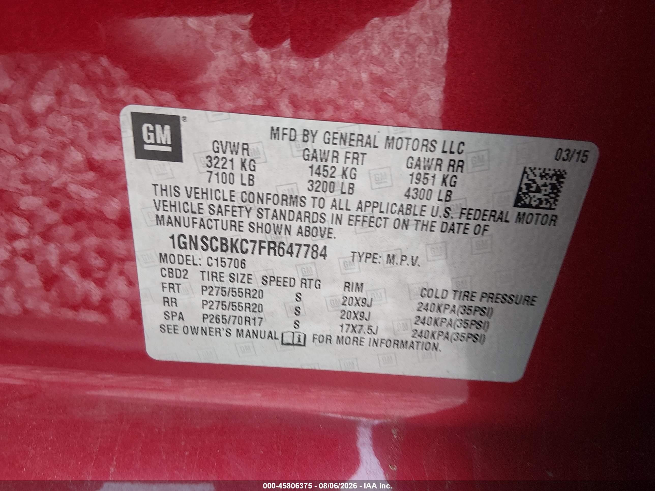 2015 Chevrolet Tahoe Lt Red vin: 1GNSCBKC7FR647784