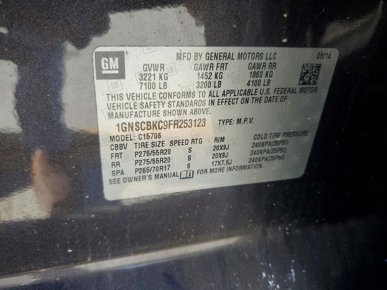 2015 Chevrolet Tahoe C1500 Lt Черный vin: 1GNSCBKC9FR253123