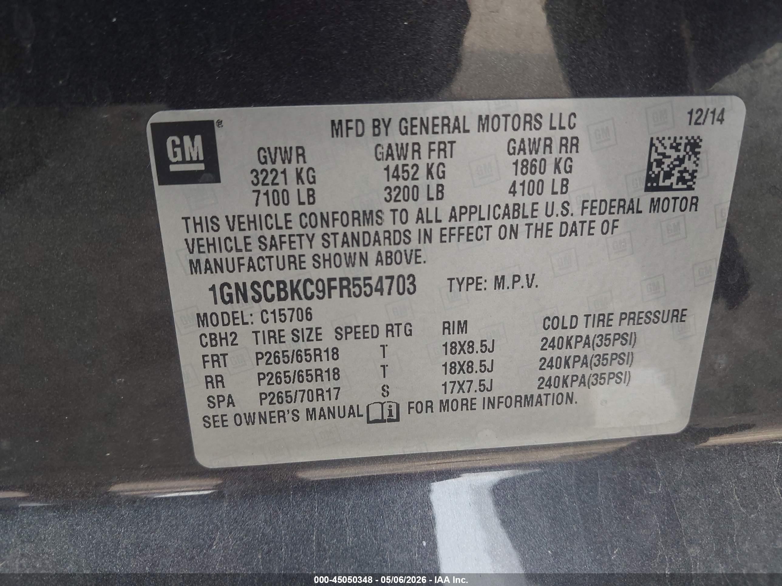 2015 Chevrolet Tahoe Lt Gray vin: 1GNSCBKC9FR554703