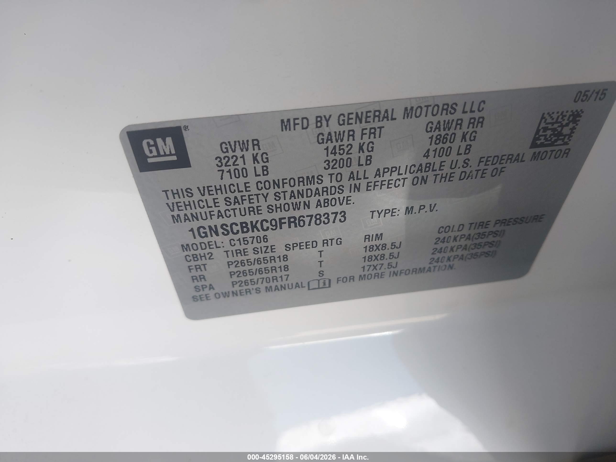2015 Chevrolet Tahoe Lt White vin: 1GNSCBKC9FR678373