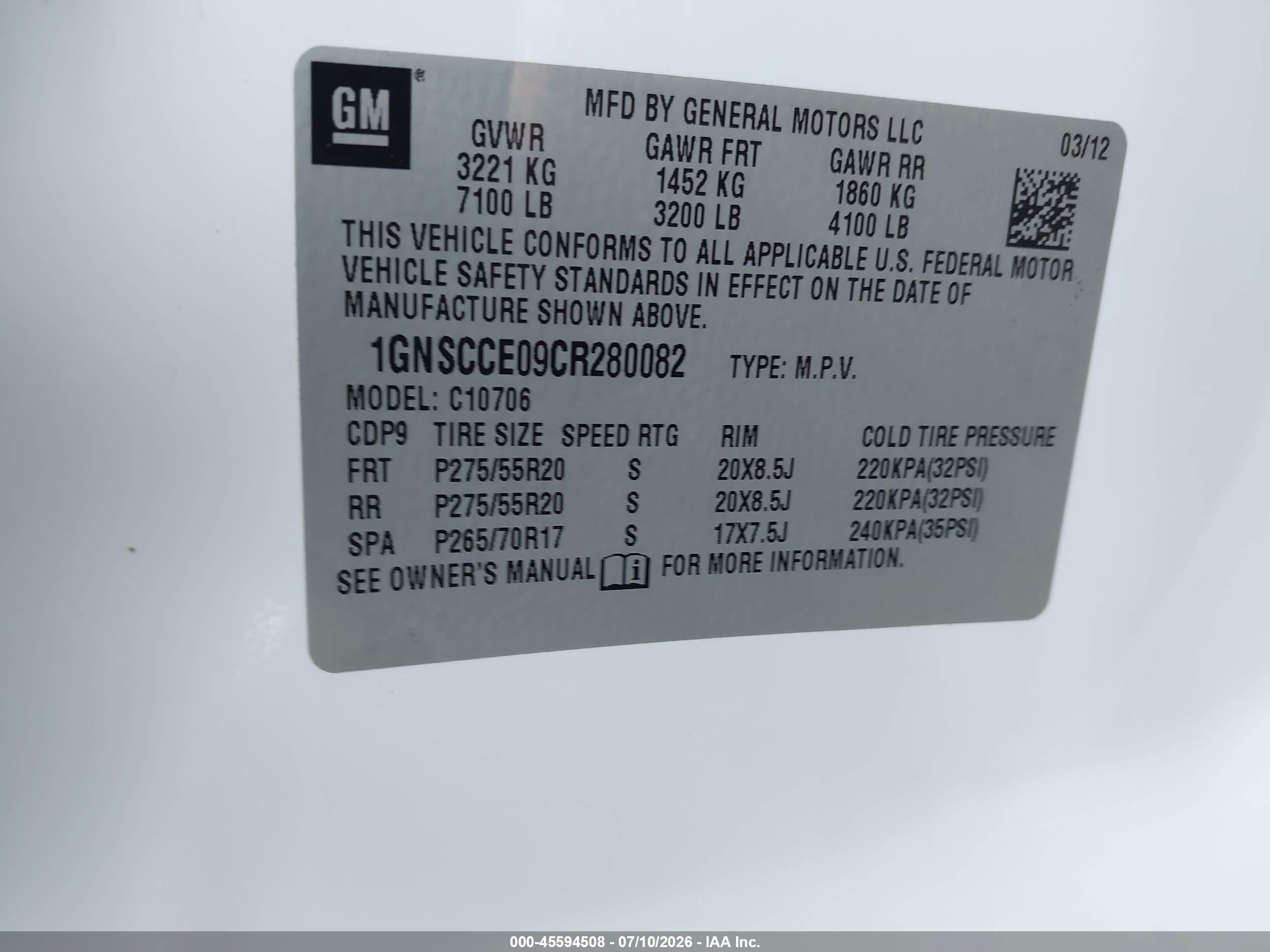 2012 Chevrolet Tahoe Ltz White vin: 1GNSCCE09CR280082