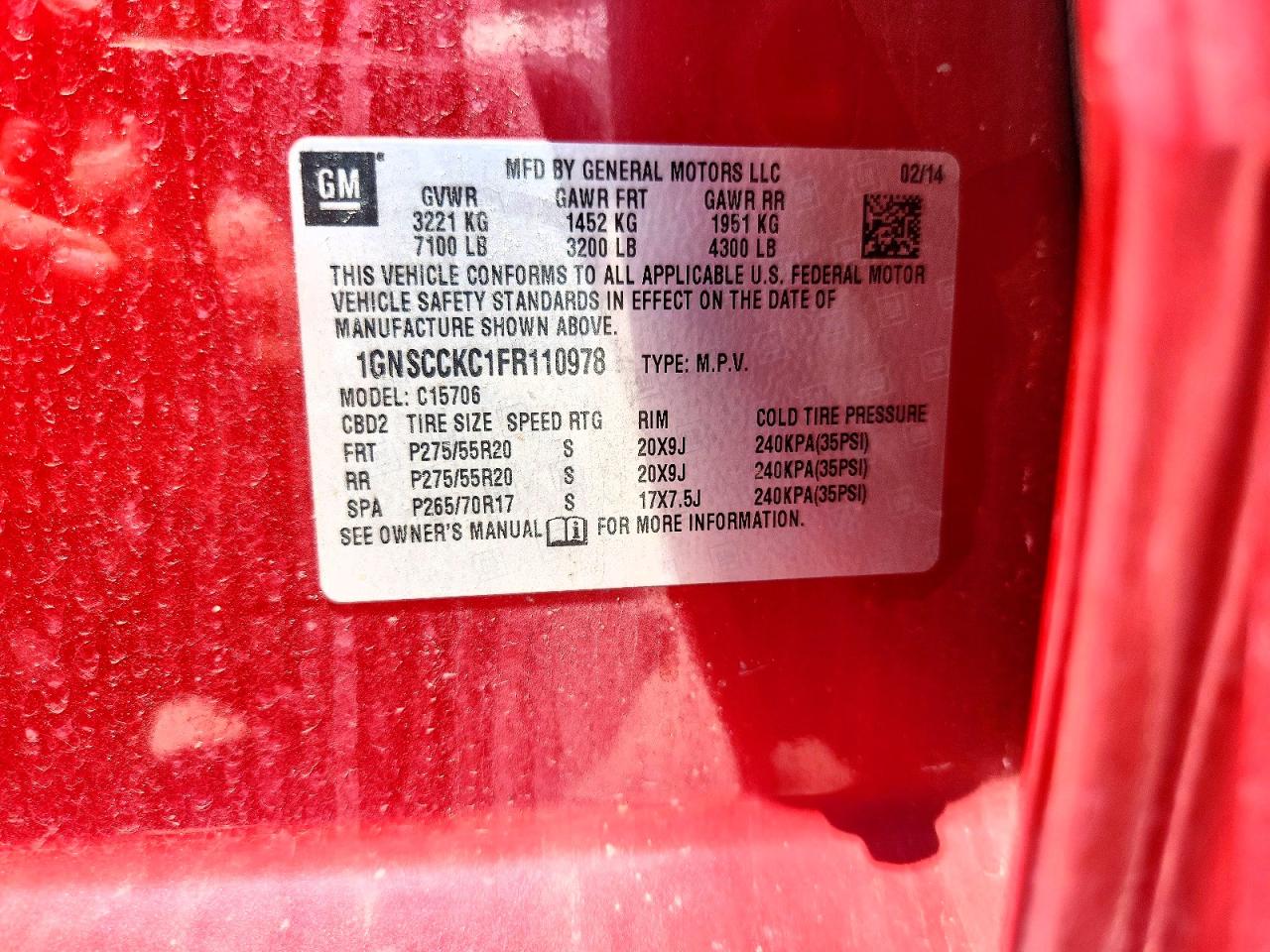 2015 Chevrolet Tahoe C1500 Ltz Red vin: 1GNSCCKC1FR110978