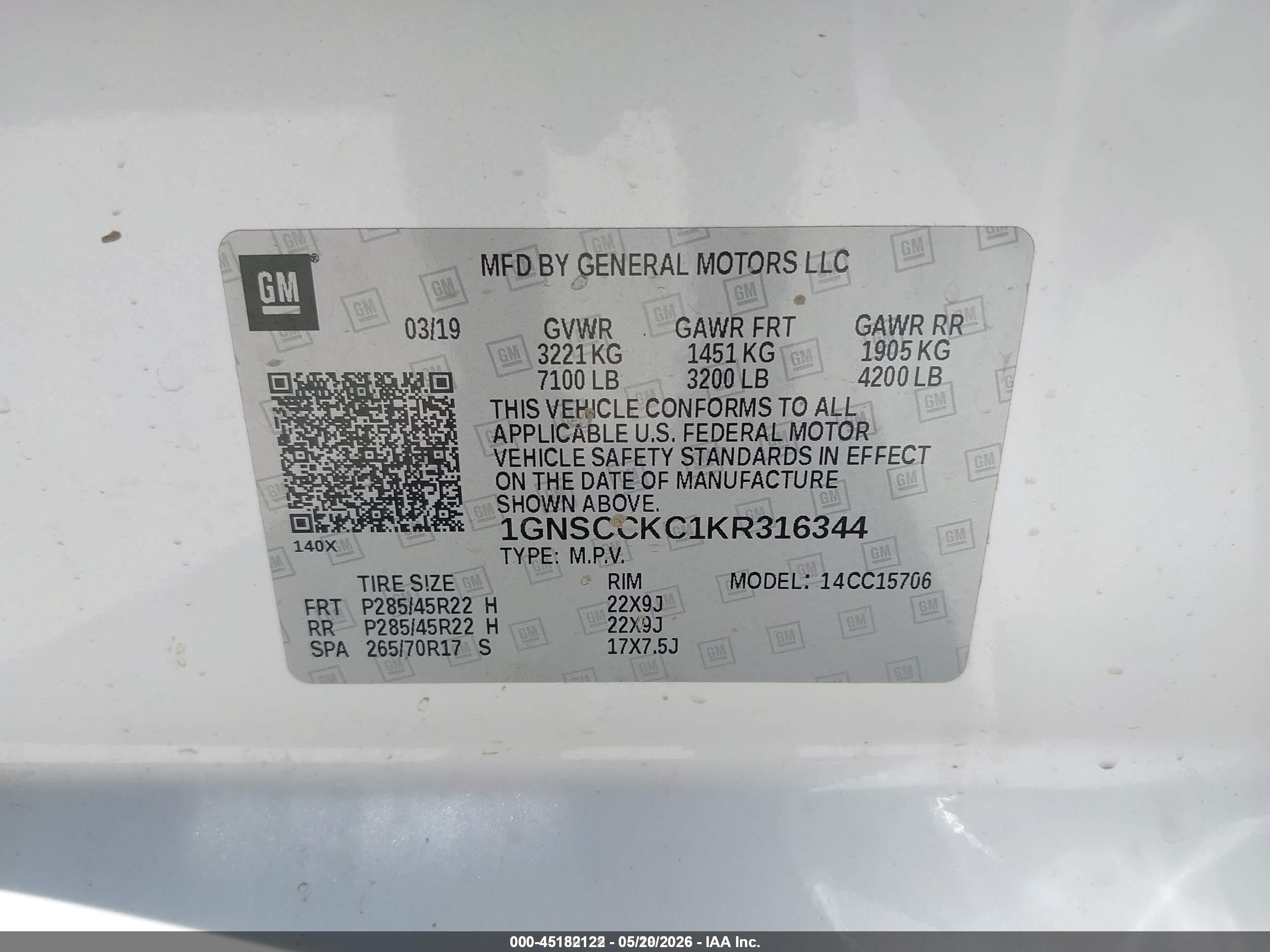 2019 Chevrolet Tahoe Premier White vin: 1GNSCCKC1KR316344
