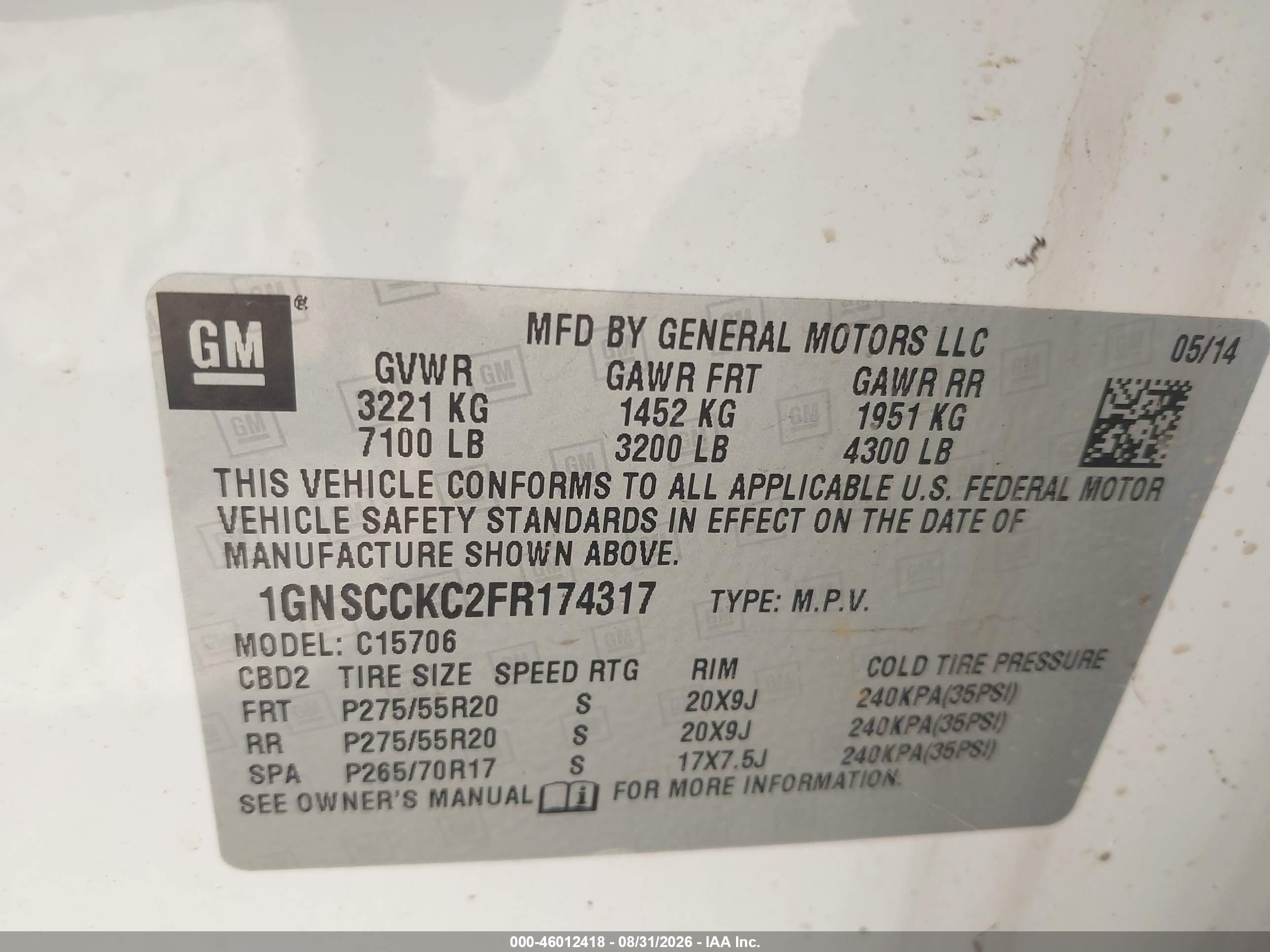 2015 Chevrolet Tahoe Ltz Белый vin: 1GNSCCKC2FR174317