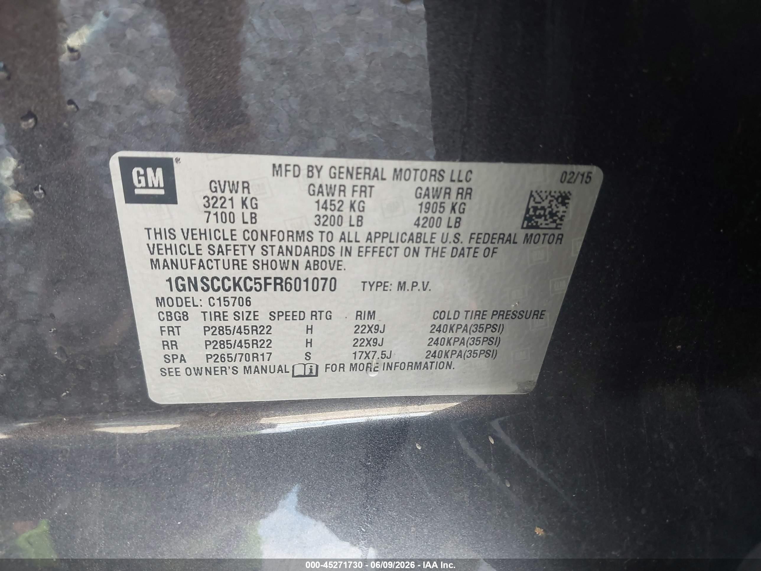 2015 Chevrolet Tahoe Ltz Gray vin: 1GNSCCKC5FR601070