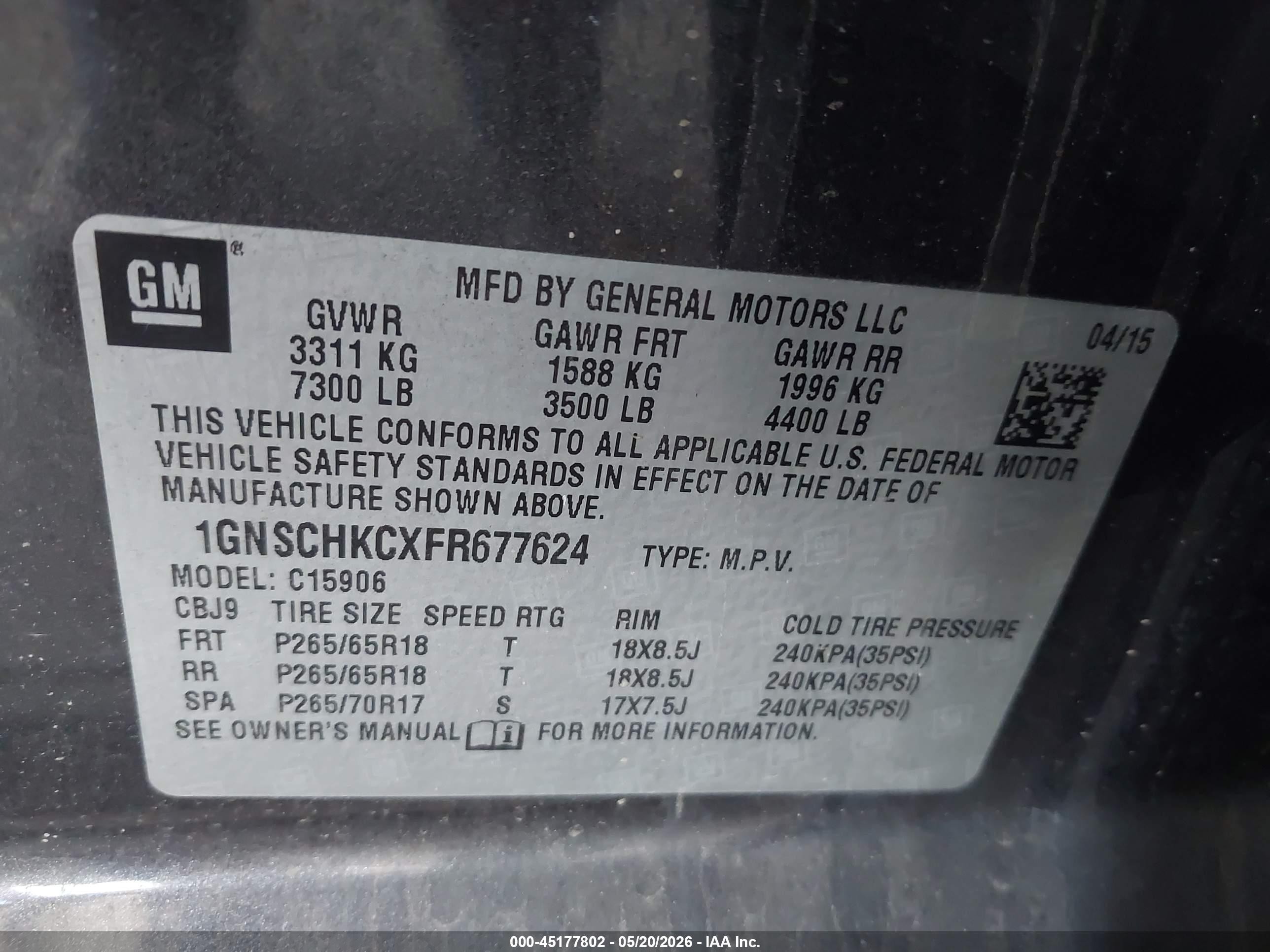 2015 Chevrolet Suburban 1500 Ls Черный vin: 1GNSCHKCXFR677624