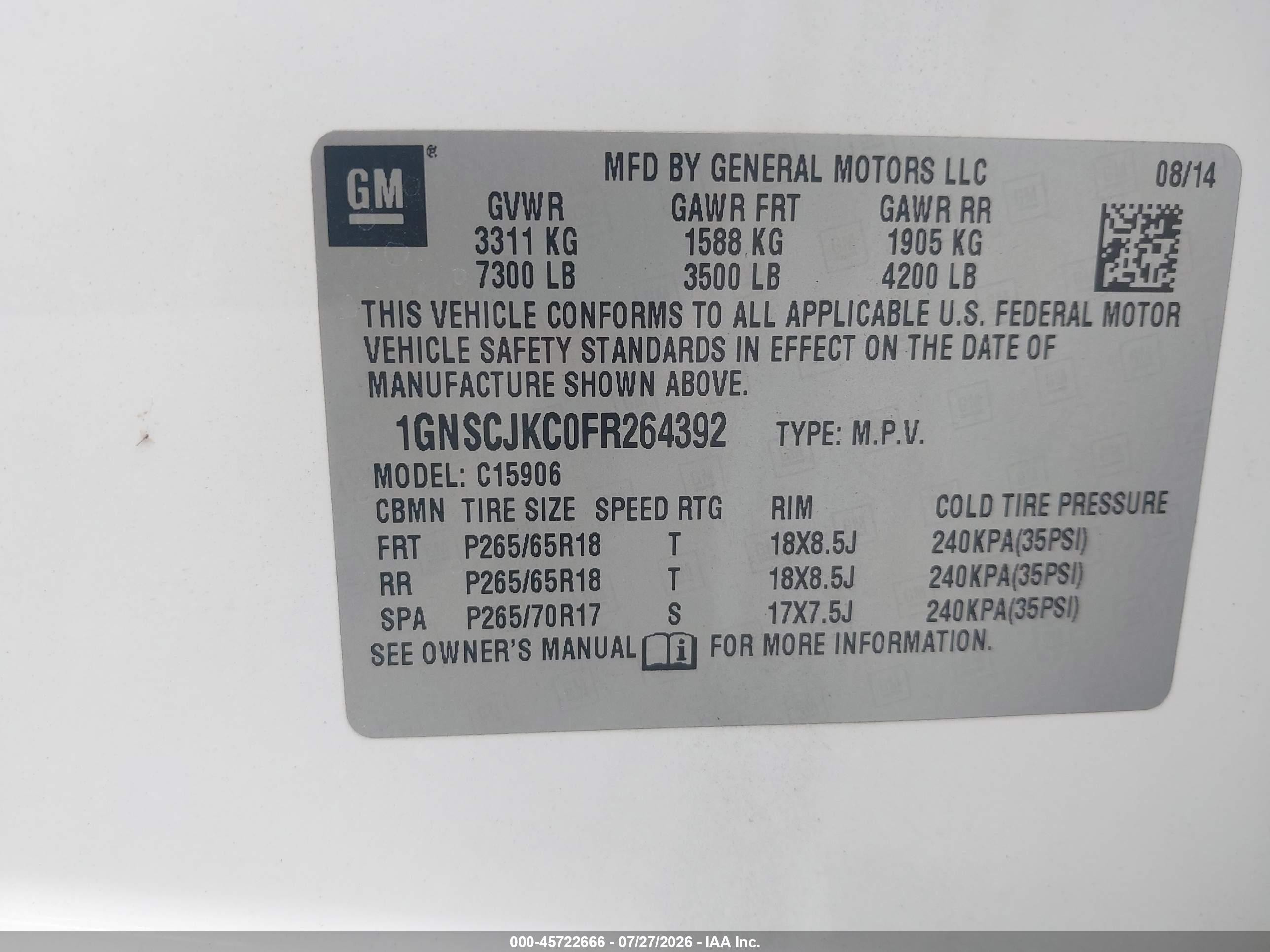 2015 Chevrolet Suburban Lt White vin: 1GNSCJKC0FR264392