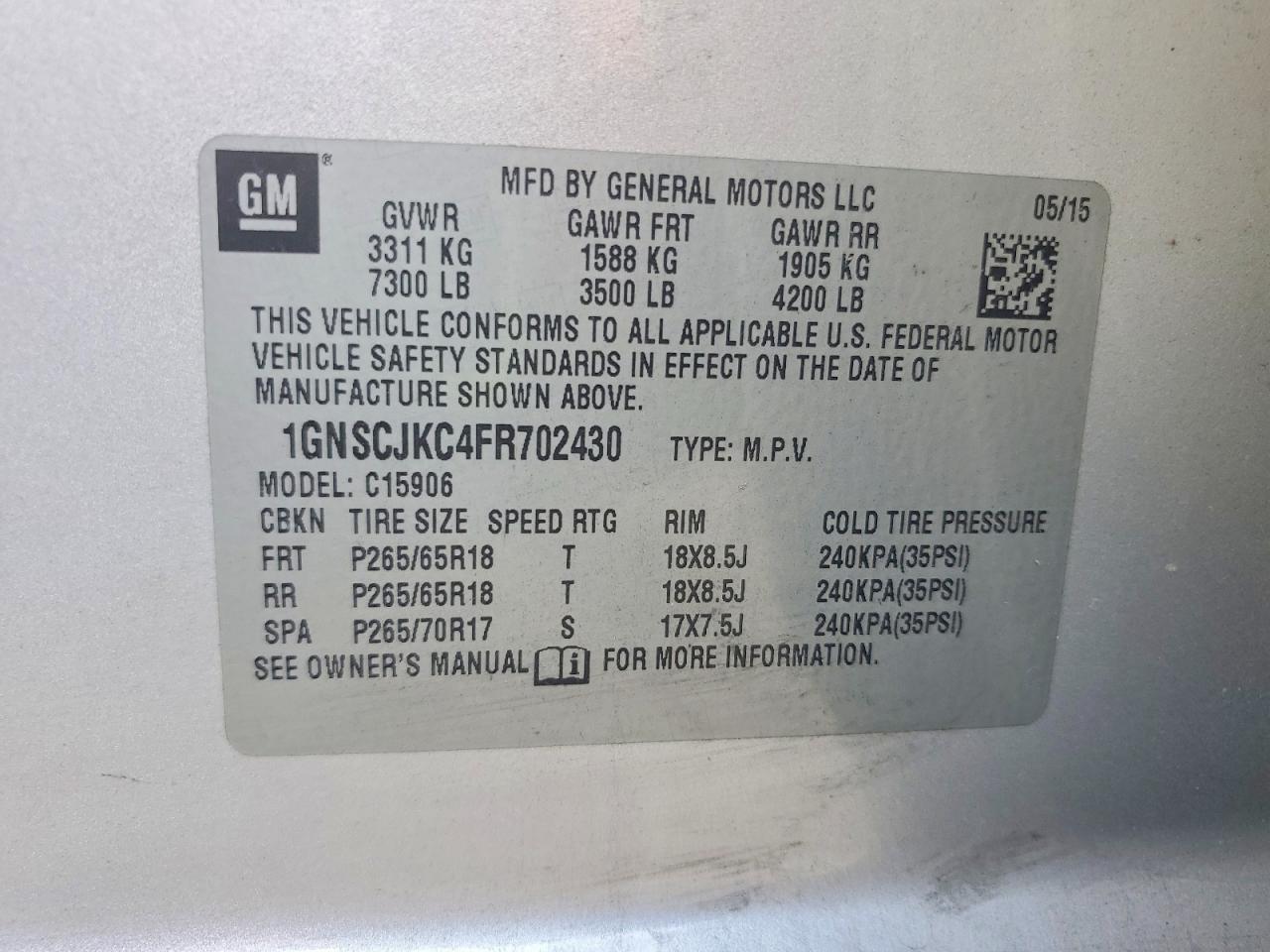 2015 Chevrolet Suburban C1500 Lt Gray vin: 1GNSCJKC4FR702430