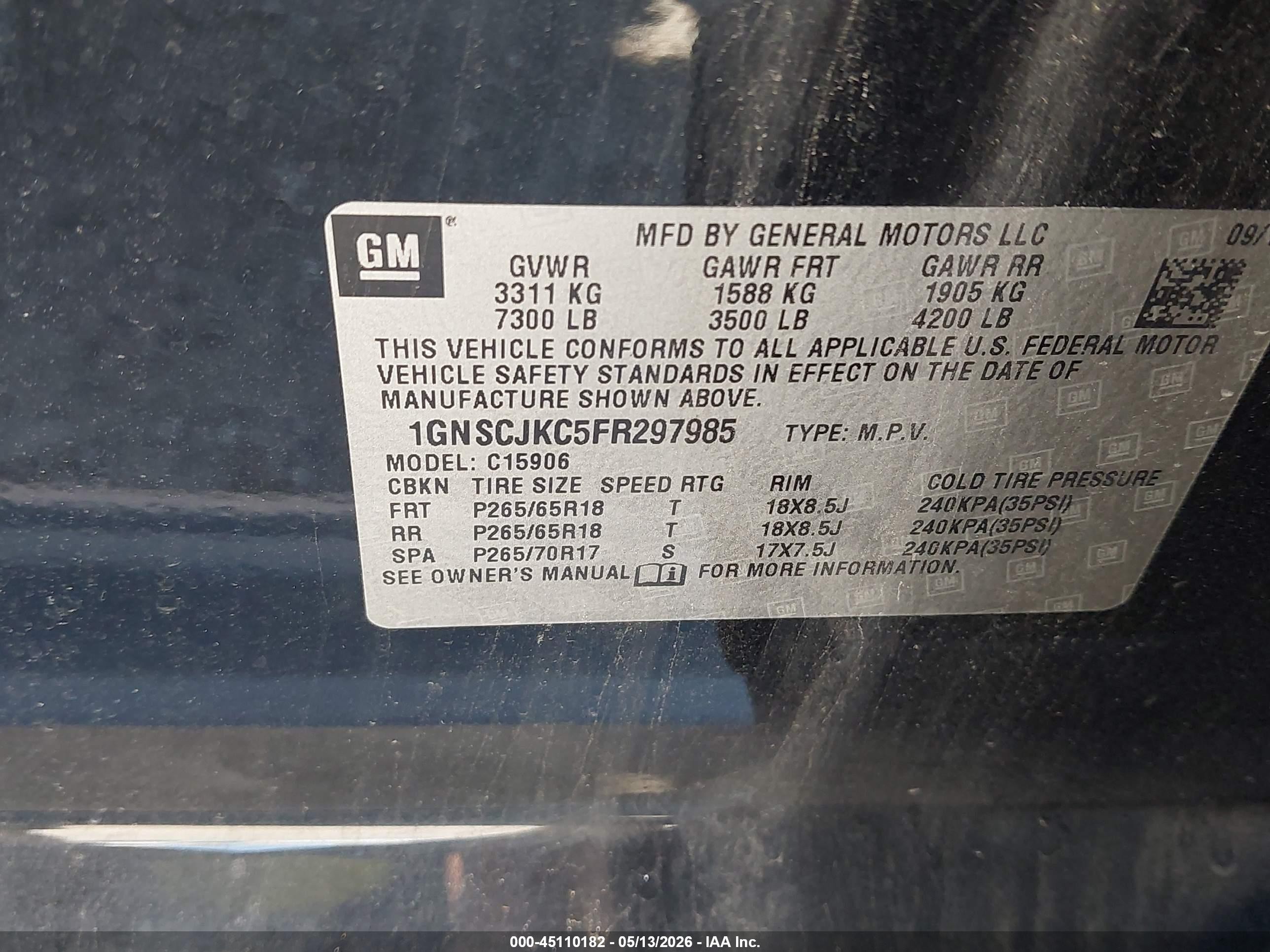 2015 Chevrolet Suburban 1500 Lt Черный vin: 1GNSCJKC5FR297985