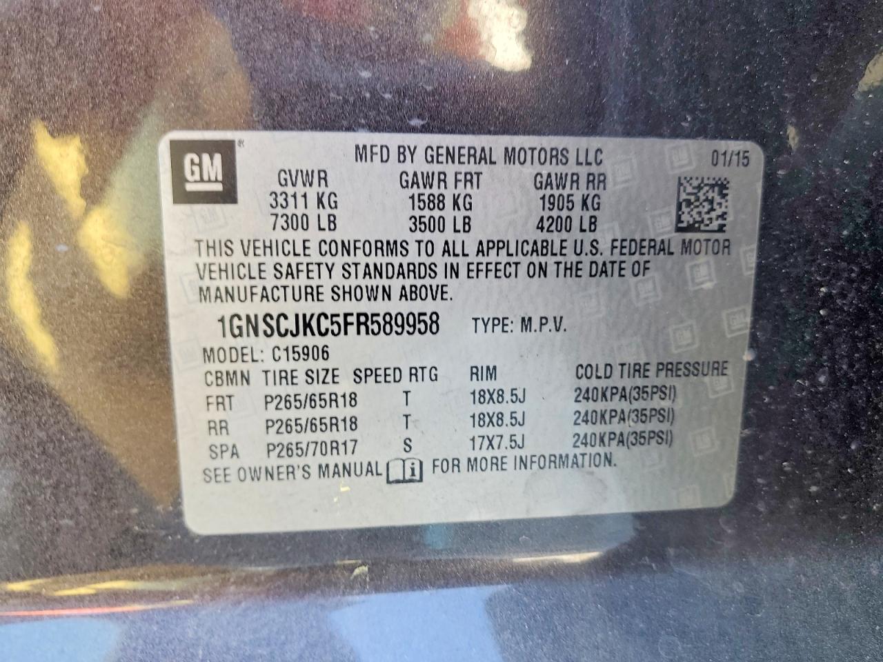 2015 Chevrolet Suburban C1500 Lt Black vin: 1GNSCJKC5FR589958
