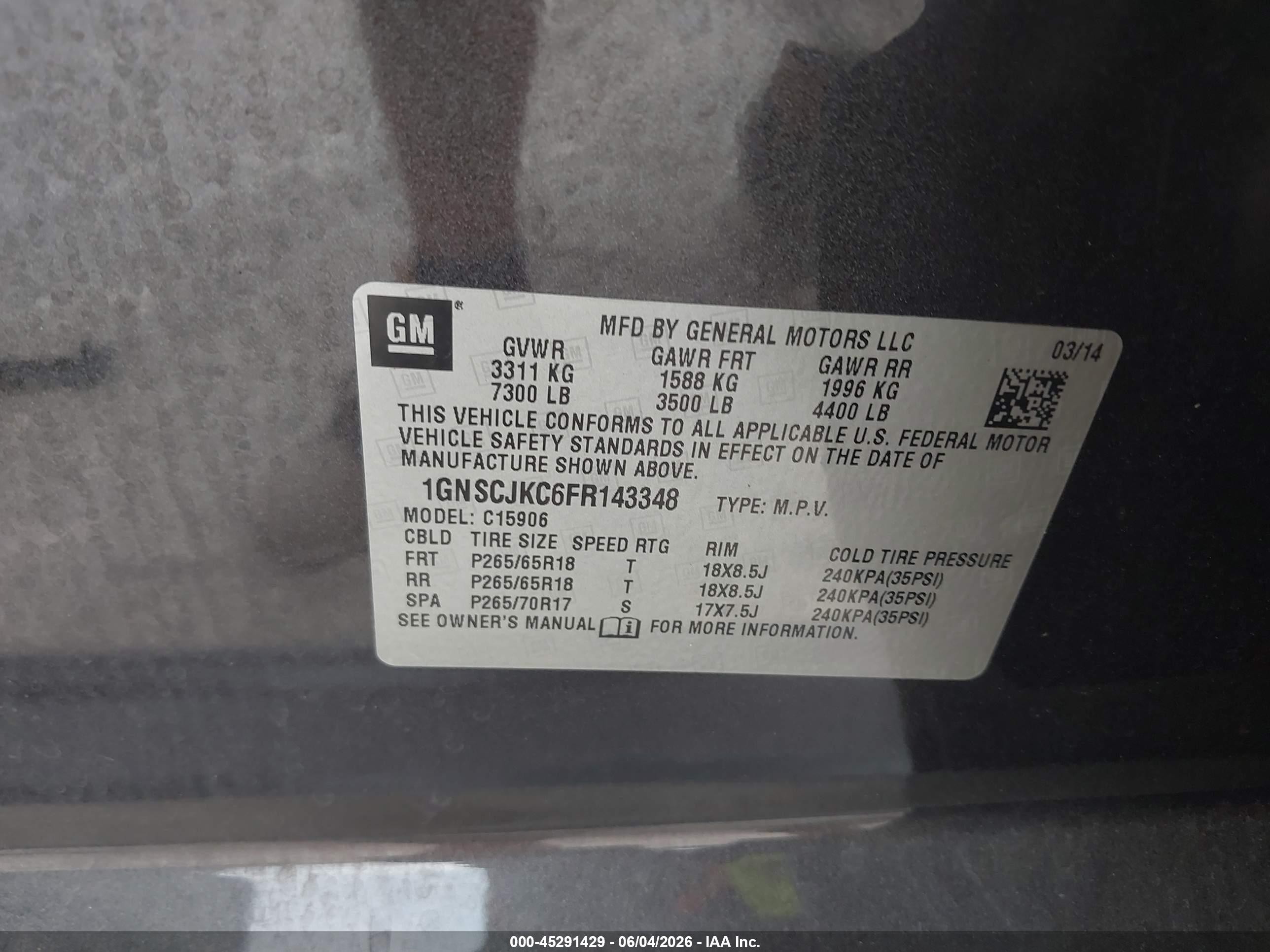 2015 Chevrolet Suburban 1500 Lt Gray vin: 1GNSCJKC6FR143348