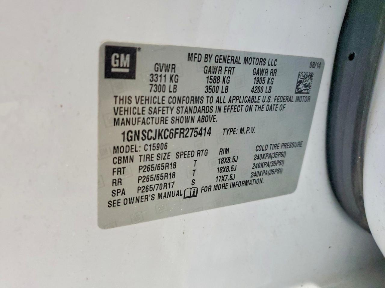 2015 Chevrolet Suburban C1500 Lt White vin: 1GNSCJKC6FR275414