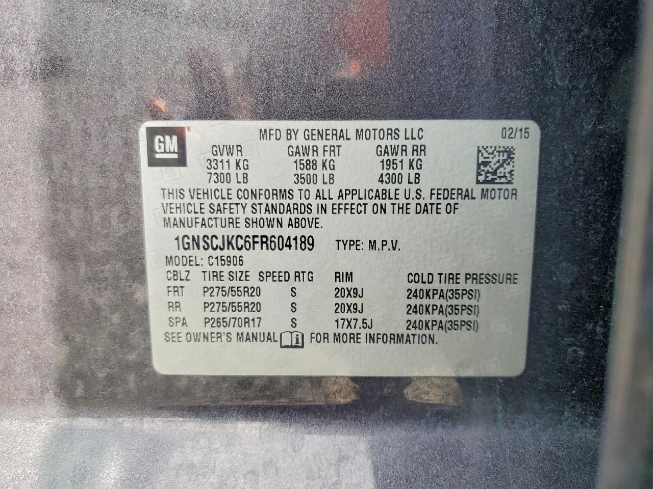 2015 Chevrolet Suburban C1500 Lt Серый vin: 1GNSCJKC6FR604189