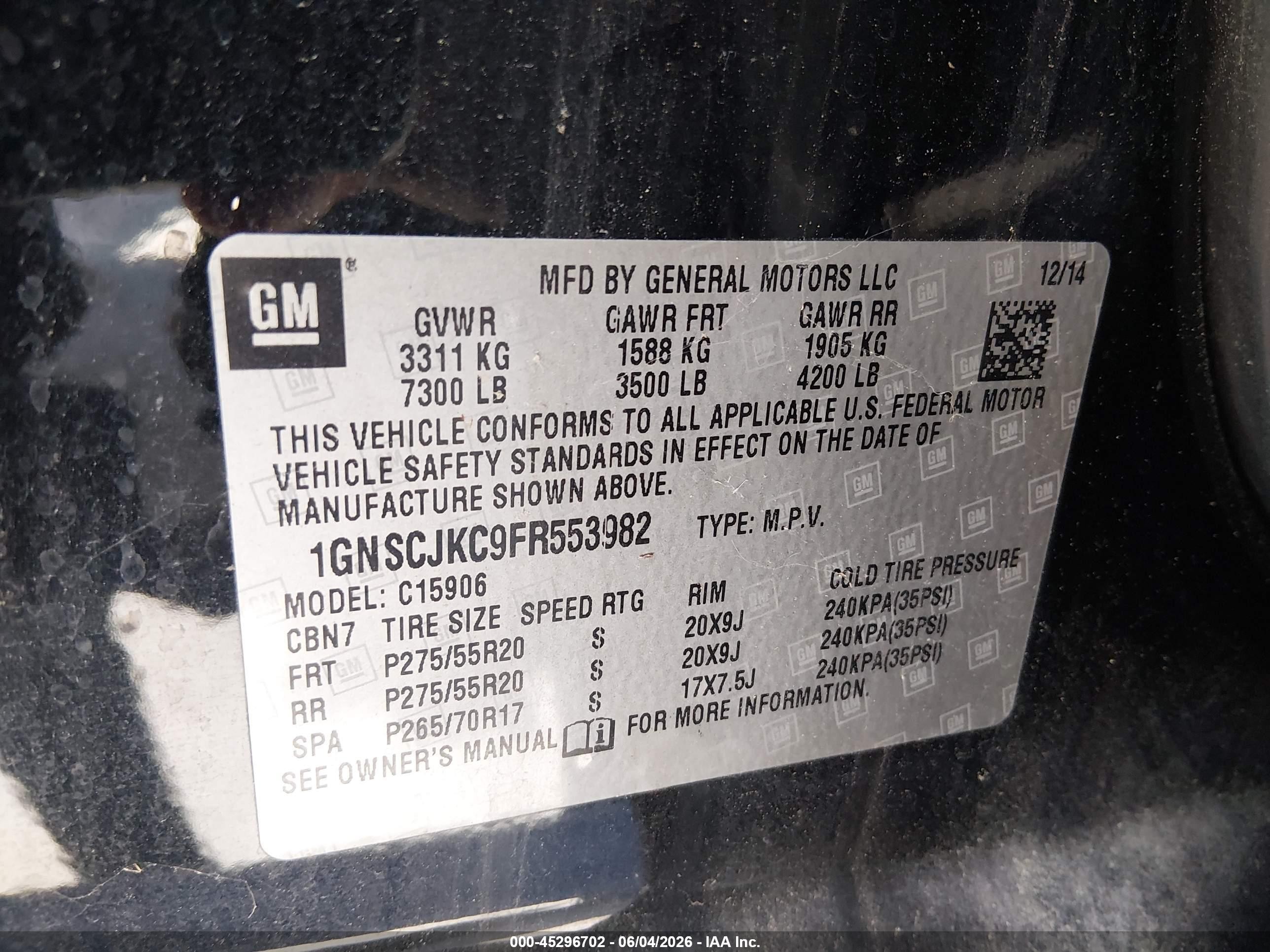 2015 Chevrolet Suburban 1500 Lt Black vin: 1GNSCJKC9FR553982