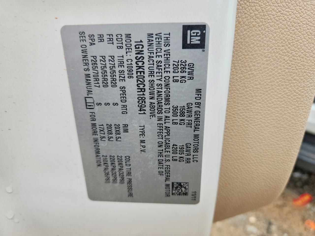 2012 Chevrolet Suburban C1500 Ltz White vin: 1GNSCKE02CR185941