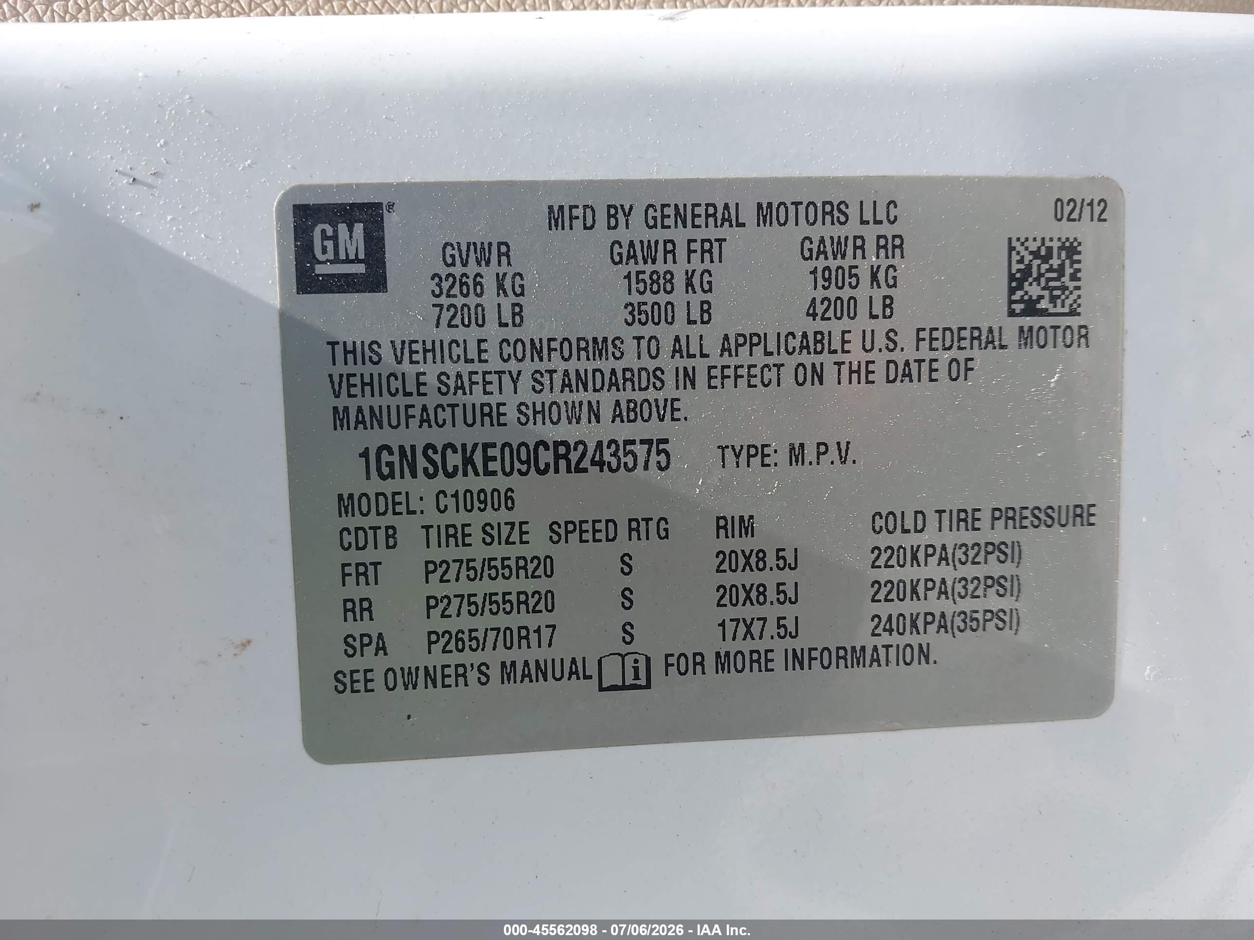 2012 Chevrolet Suburban 1500 Ltz White vin: 1GNSCKE09CR243575