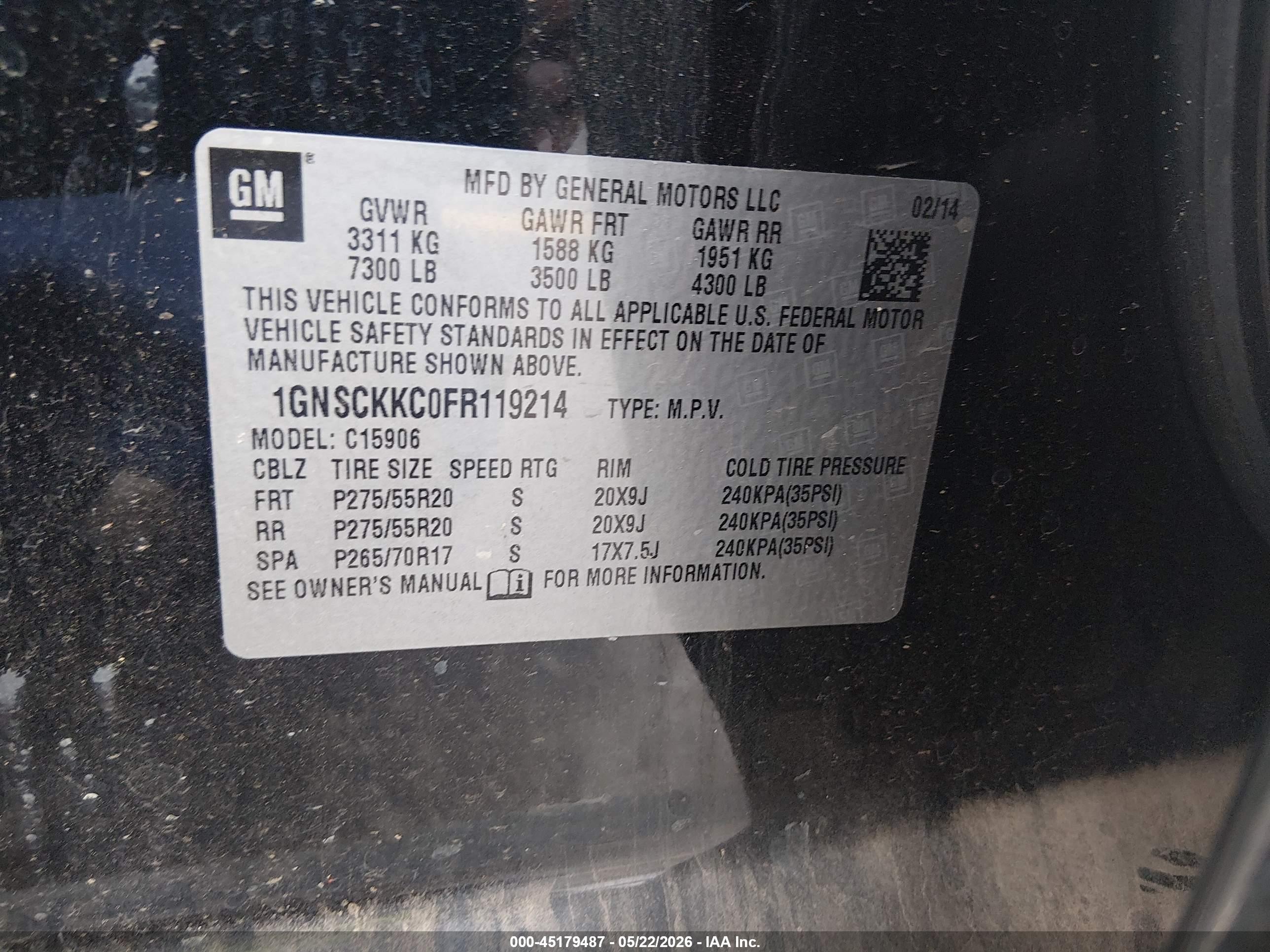 2015 Chevrolet Suburban 1500 Ltz Black vin: 1GNSCKKC0FR119214