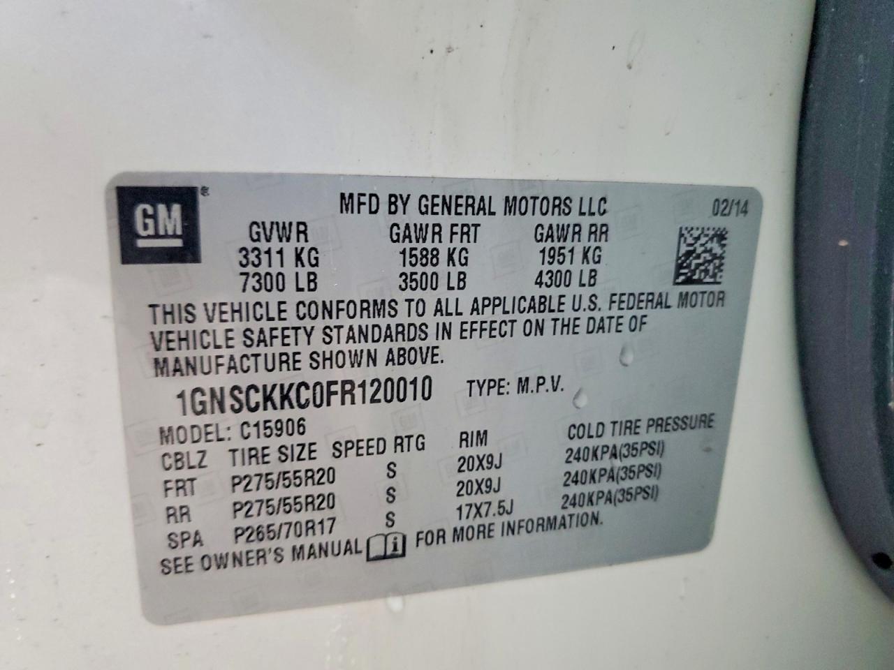 2015 Chevrolet Suburban C1500 Ltz Белый vin: 1GNSCKKC0FR120010