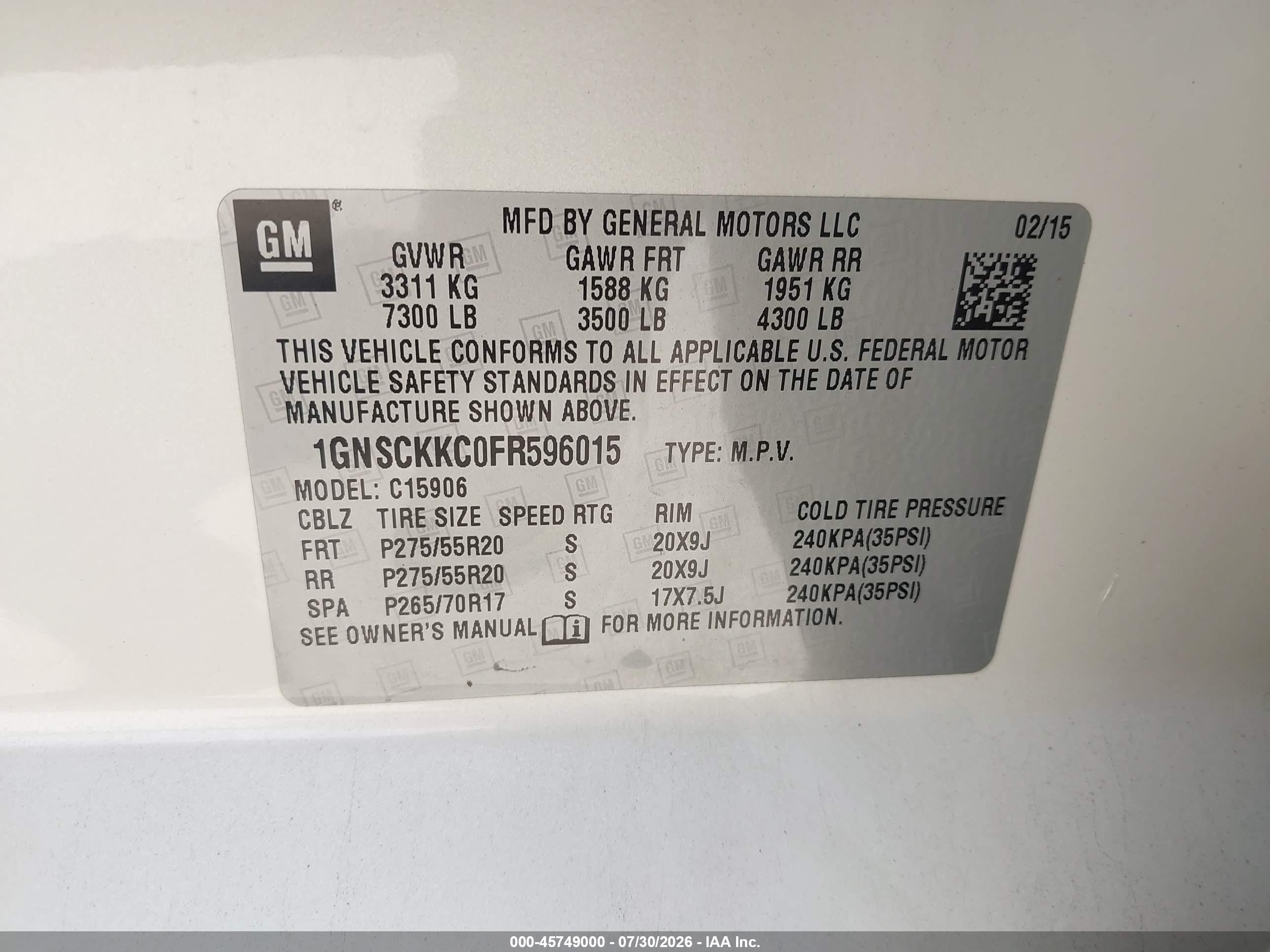 2015 Chevrolet Suburban Ltz White vin: 1GNSCKKC0FR596015