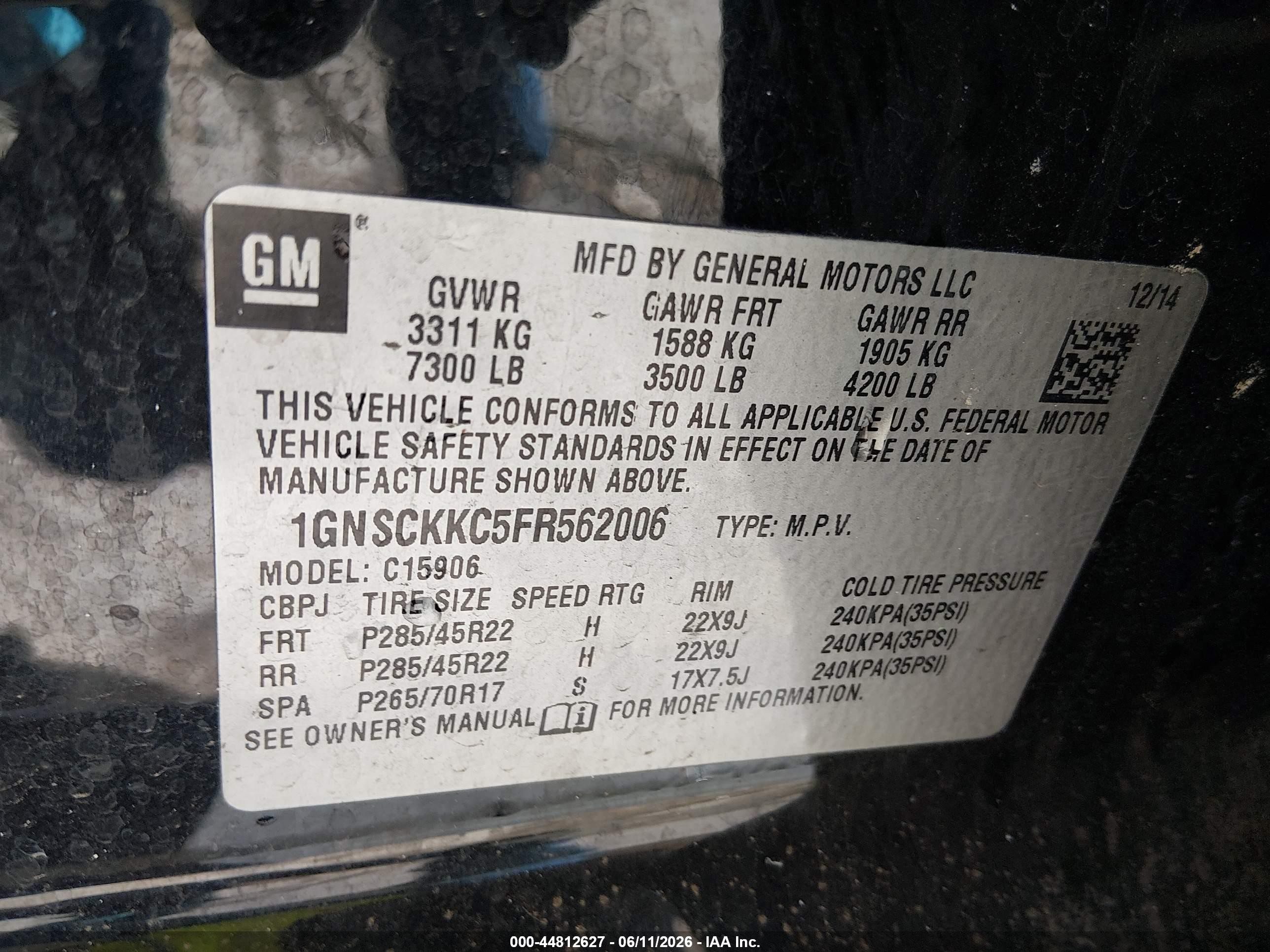 2015 Chevrolet Suburban 1500 Ltz Black vin: 1GNSCKKC5FR562006