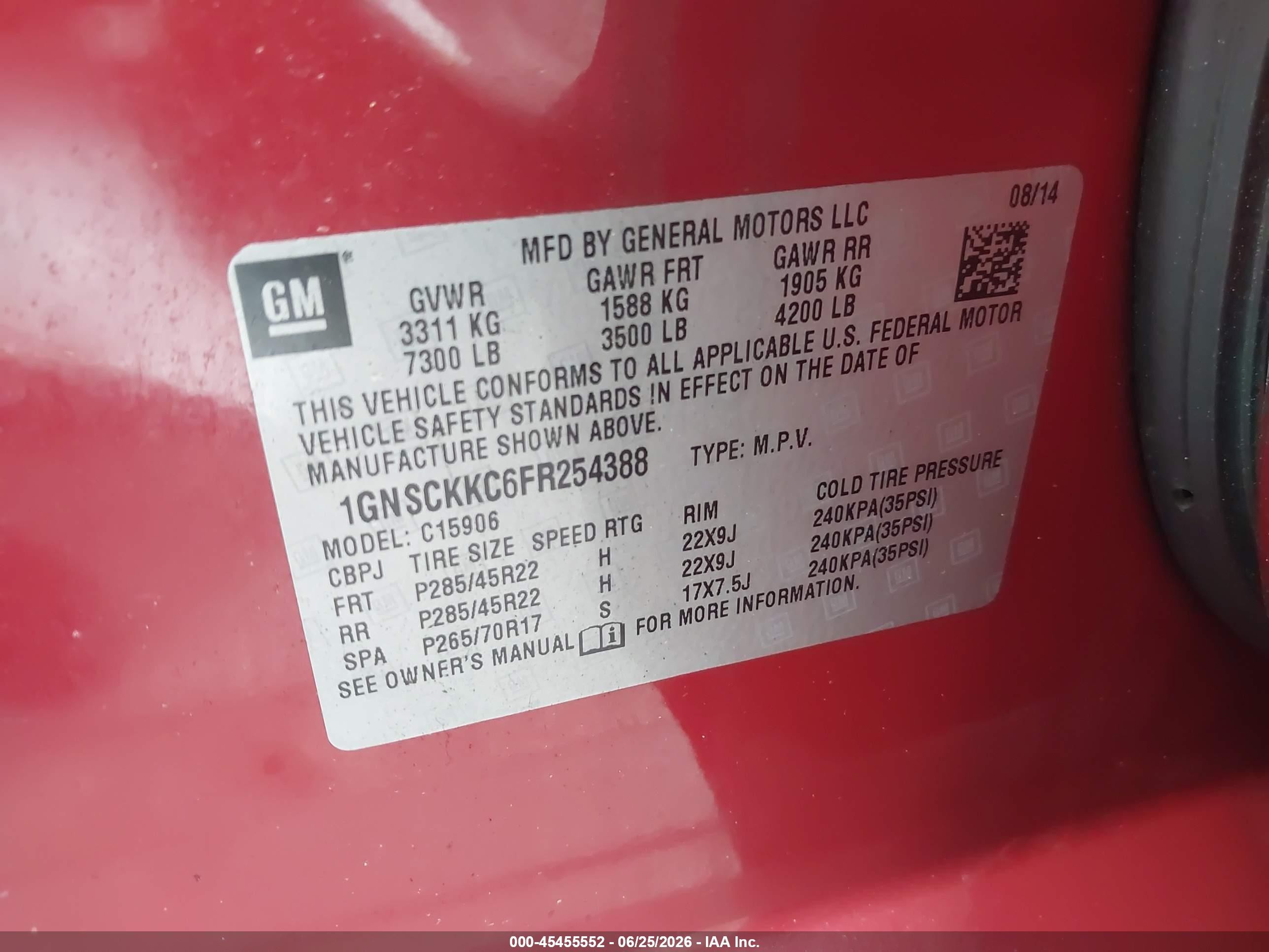 2015 Chevrolet Suburban Ltz Red vin: 1GNSCKKC6FR254388